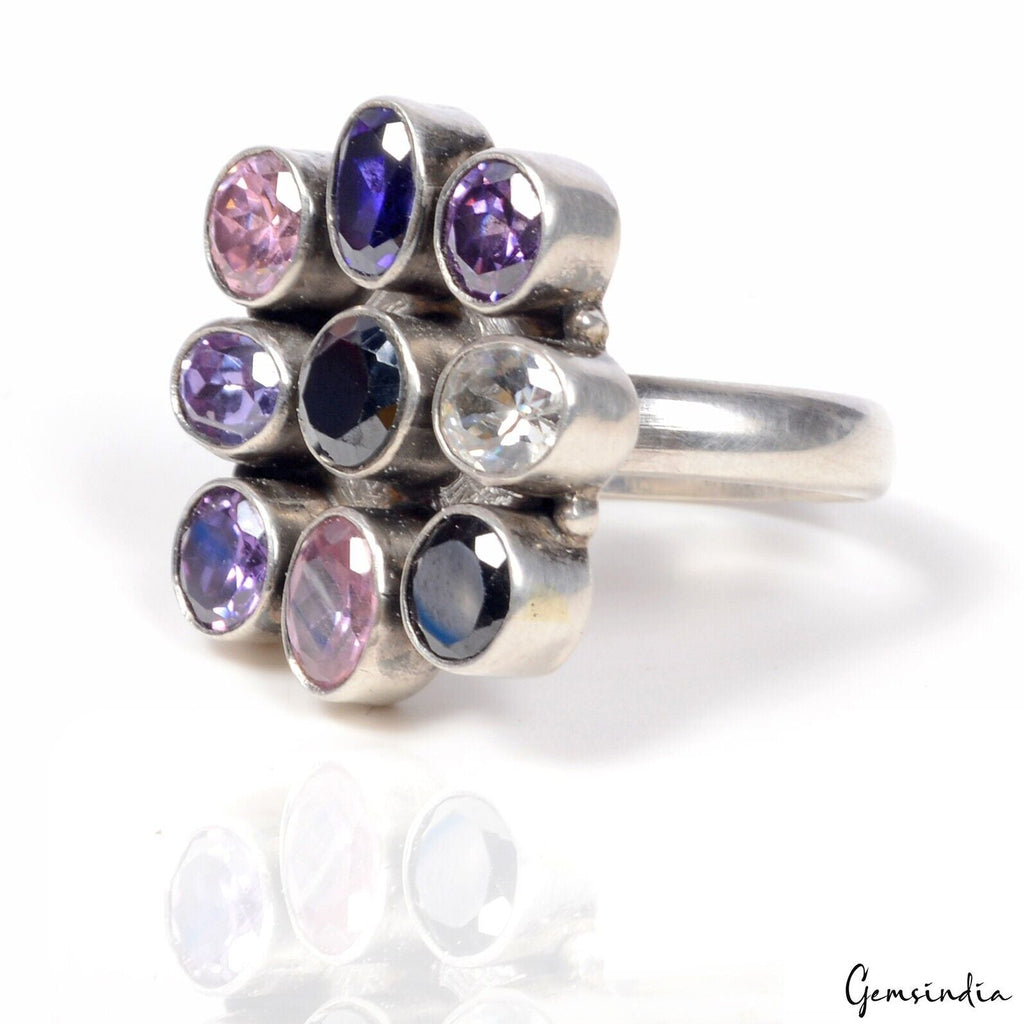 925 Sterling Silver Multi Color Cubic Zirconia Flower Motif Cocktail Ring~8.5 US