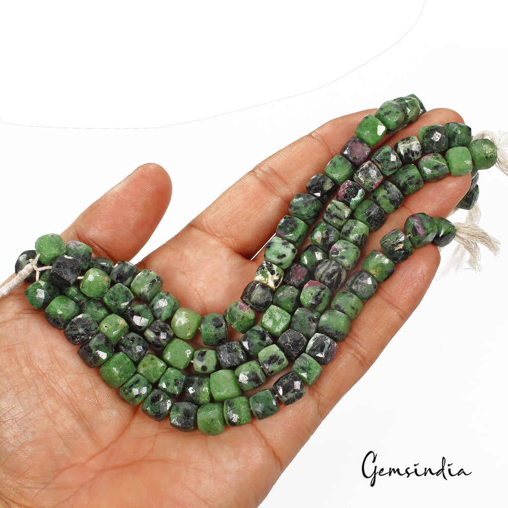 680 Ct/4 Pcs Natural Bi-Color Ruby Zoisite Dice Checker Cut Drill Bead Strand 7"