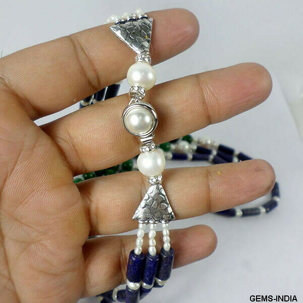 604 Cts Natural Blue lapis Green Emerald White Pearl Beaded Handmade Jewelry Set