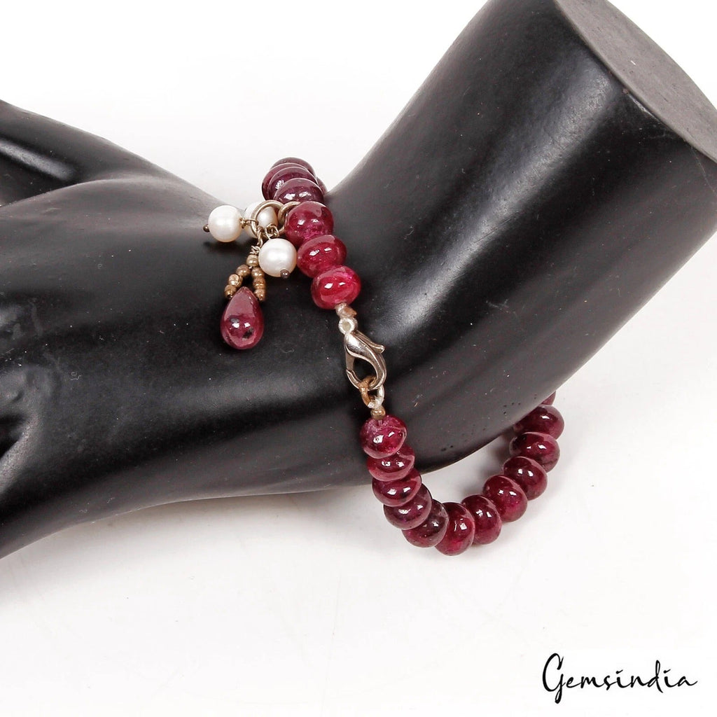 147 Cts Natural Freshwater Pearl & Red Ruby Beaded Gems Handmade Bracelet 7.5 "