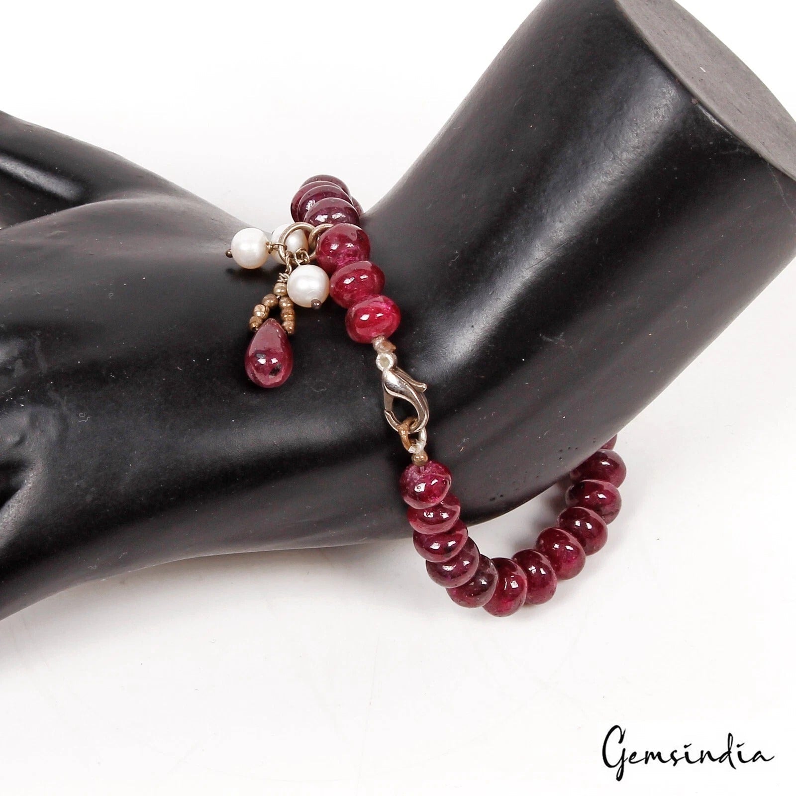 147 Cts Natural Freshwater Pearl & Red Ruby Beaded Gems Handmade Bracelet 7.5 "