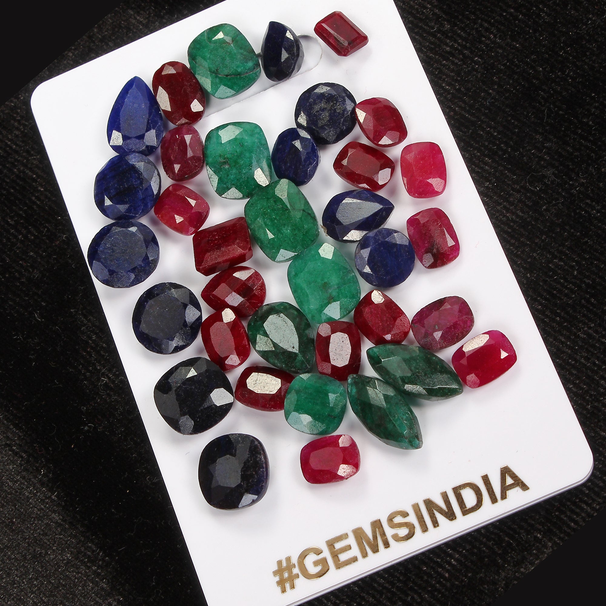 100 Ct Natural Ruby, Emerald & Sapphire 7-14mm Mix Cut Certified Gemstones~36 Pc