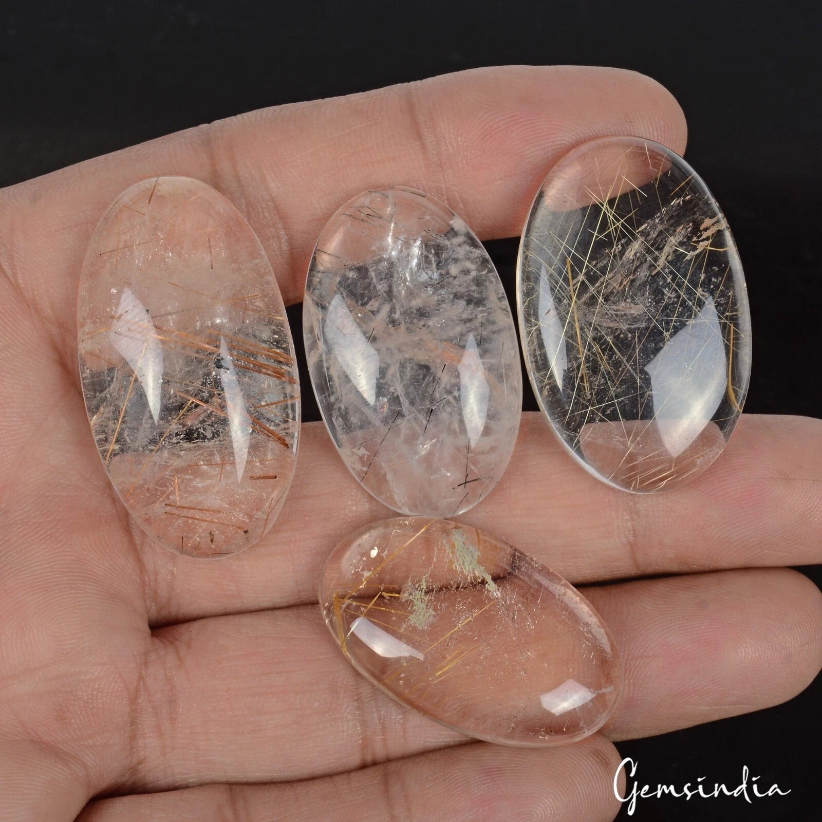 Golden Wire Rutile Quartz Cabochon, Untreated — 33mm to 39 mm, 200 Ct, Madagascar