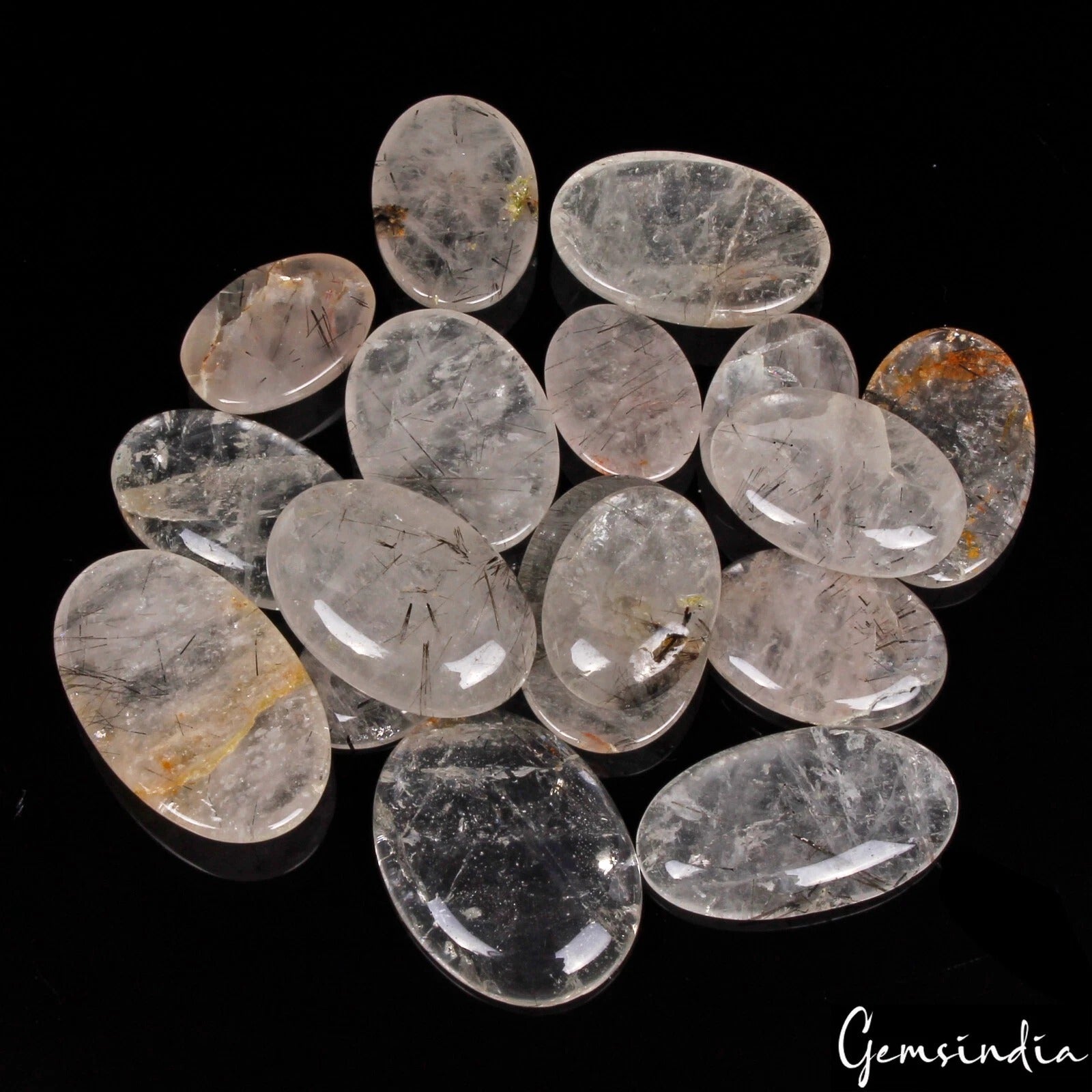 Rutile Quartz Lot, Cabochon, Untreated, Black — 17 Pieces, 25mm to 41mm, 600 Ct, Madagascar