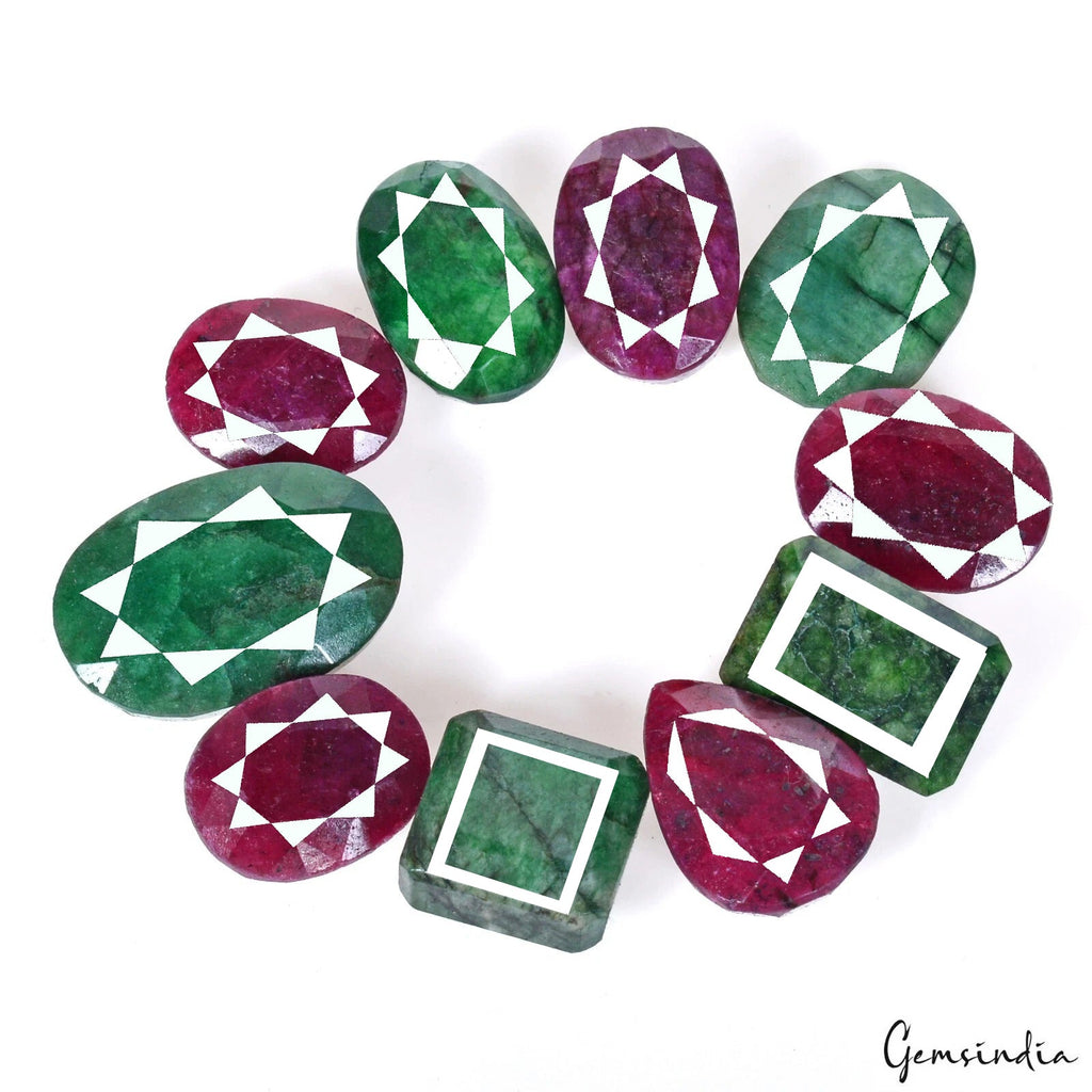 380 Cts/10 Pcs Natural Red Ruby Green Emerald Mixed Cut Loose Wholesale Gems Lot