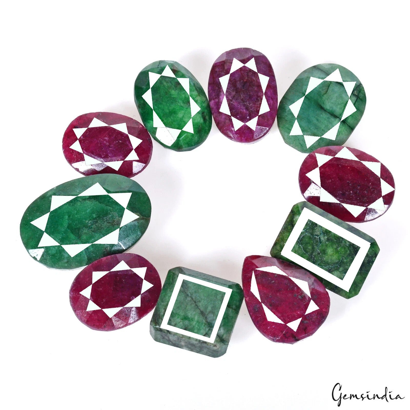 380 Cts/10 Pcs Natural Red Ruby Green Emerald Mixed Cut Loose Wholesale Gems Lot