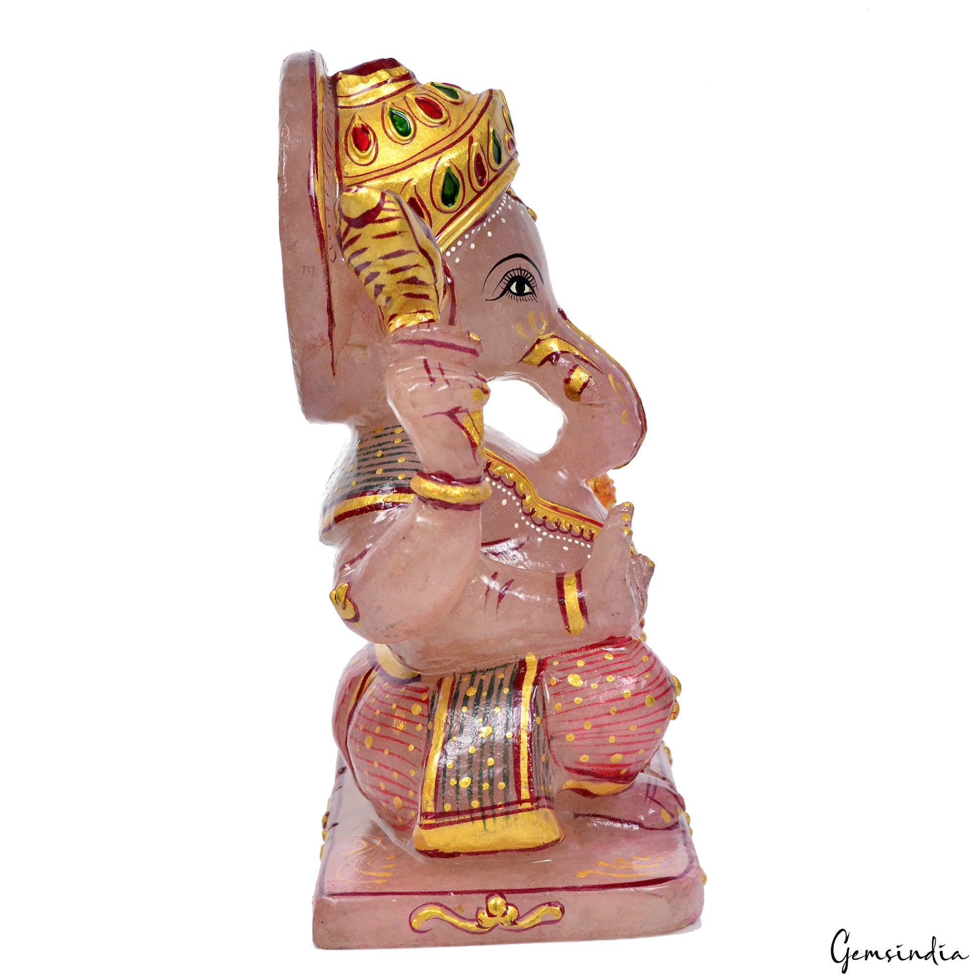 1.7 Kg Natural Rose Quartz Single Stone Carved Lord Ganesha Gold Paint Sculpture
