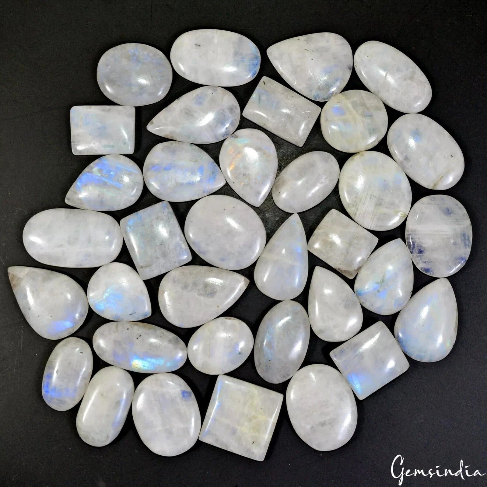 1500Ct/35 Pcs Natural Blue Shine Moonstone Mix Cab Loose Untreated Gemstones Lot
