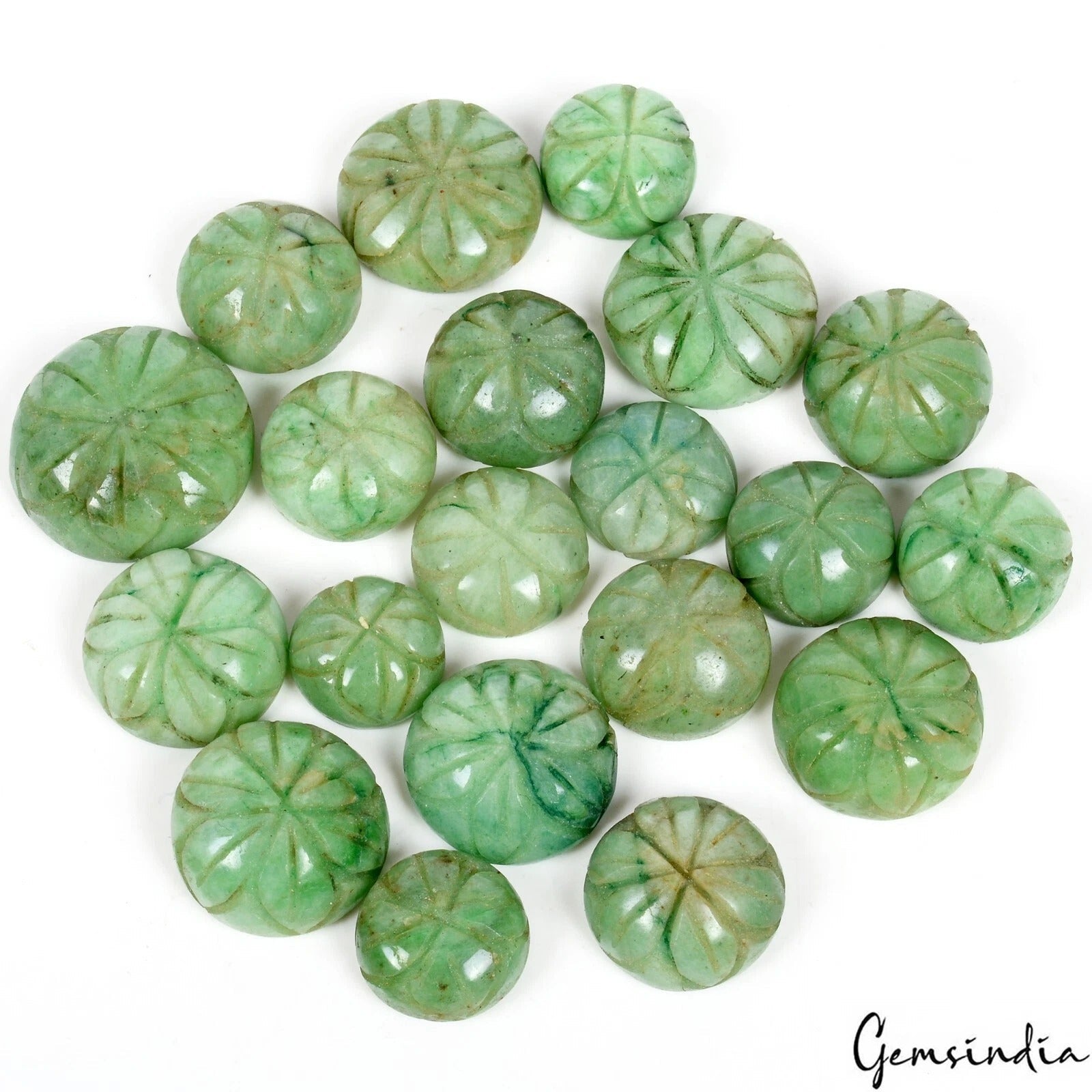 550 Ct Natural Green Emerald Loose Floral Round Carved Gemstone Lot For Jewelry