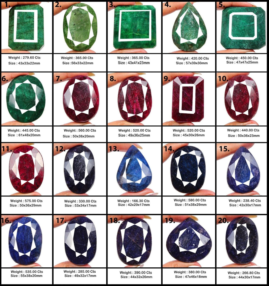 Natural 20 Pcs Ruby Emerald & Sapphire Mix Shape Loose Huge Gemstones 42-61mm