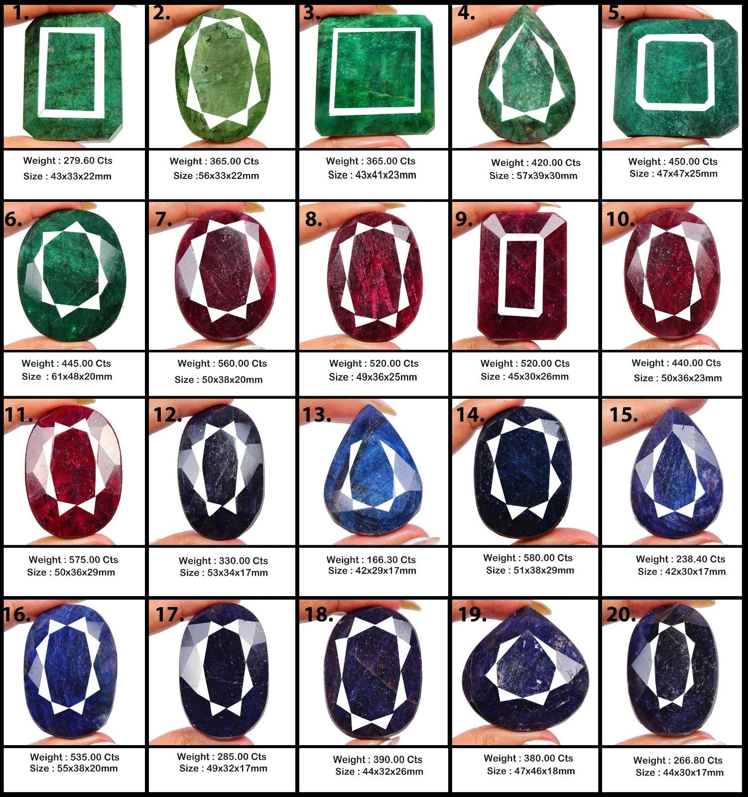 Natural 20 Pcs Ruby Emerald & Sapphire Mix Shape Loose Huge Gemstones 42-61mm