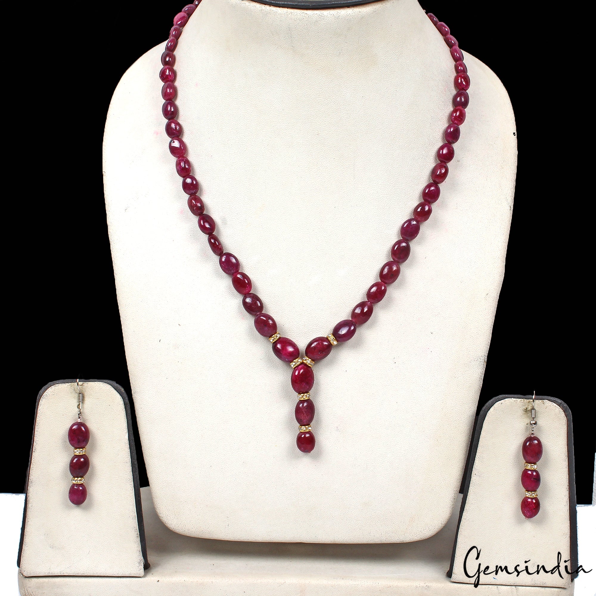241.20 Ct Natural Red Ruby Oval Beaded Handmade Single Strand Necklace & Earring