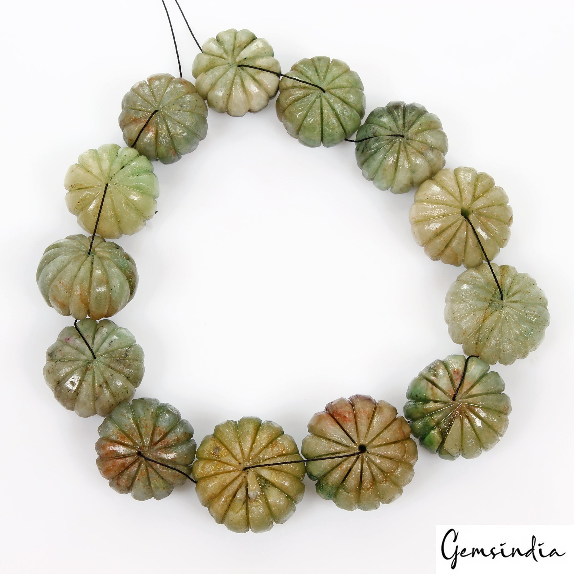700 Cts Natural Green Emerald Melon Beads Drilled Carved Loose Gemstones 13 Pcs