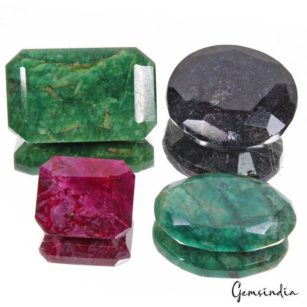 Certified 1030 Cts/3 Pcs Natural Red Ruby Green Emerald Blue Sapphire Loose Gems