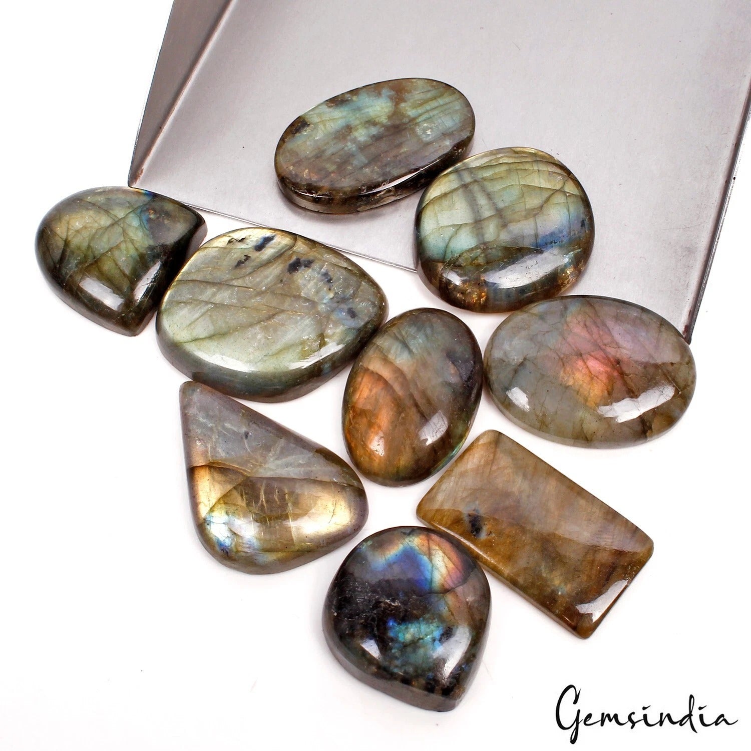 320 Ct Natural Labradorite Multi Shine Loose Mix Cabochon Gemstones Lot~ 9 Pcs