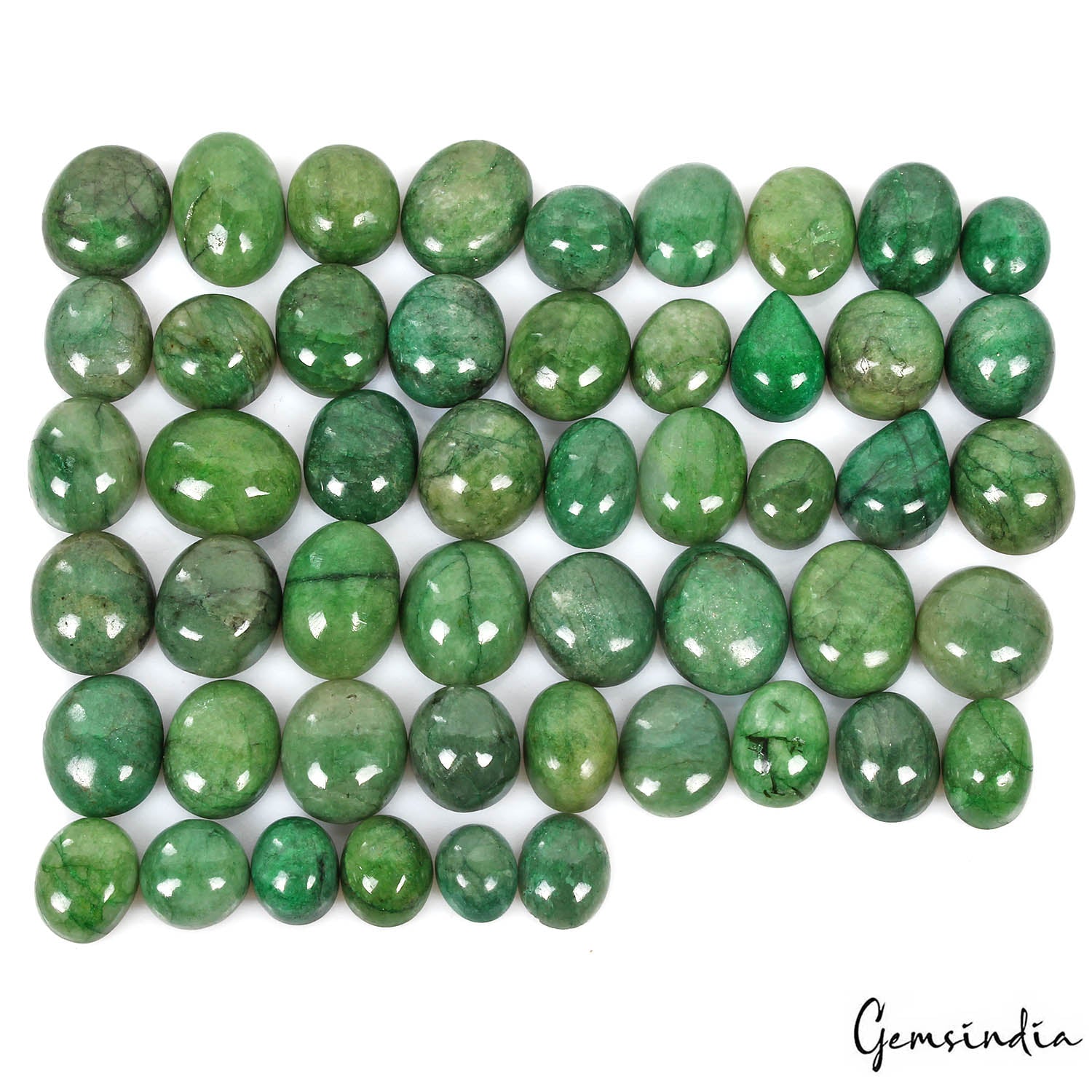 Emerald Lot, Cabochon, Oval, Pear Cabochon, Color Enhanced — 50 Pieces, 9mm to 17mm, 380 Ct, Brazil