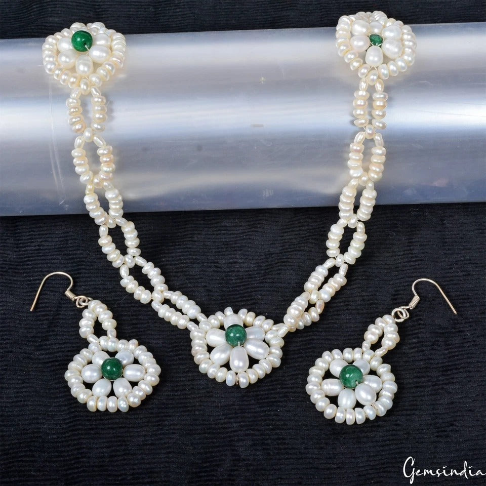 318.80 Ct Freshwater Pearl & Emerald Beaded Designer Handmade Necklace w/Earring