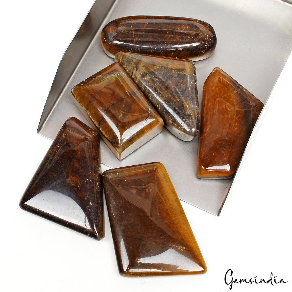 870 Ct/6 Pcs Natural Untreated Brown Tiger Eye Mix Fancy Cab 37mm-53mm Gems Lot