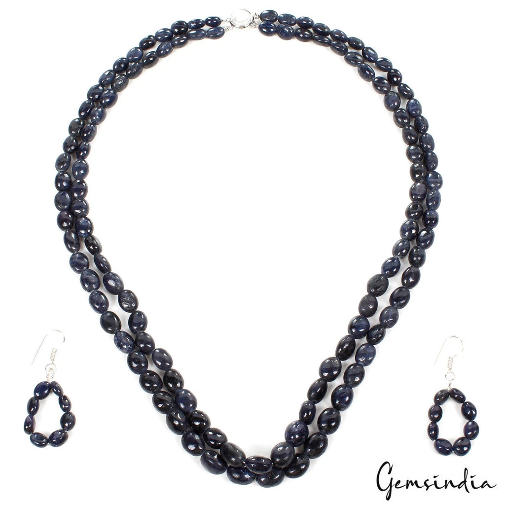 656.70 Cts Natural Dark Blue Sapphire Gem Oval Cab Beaded Handmade Jewelry set