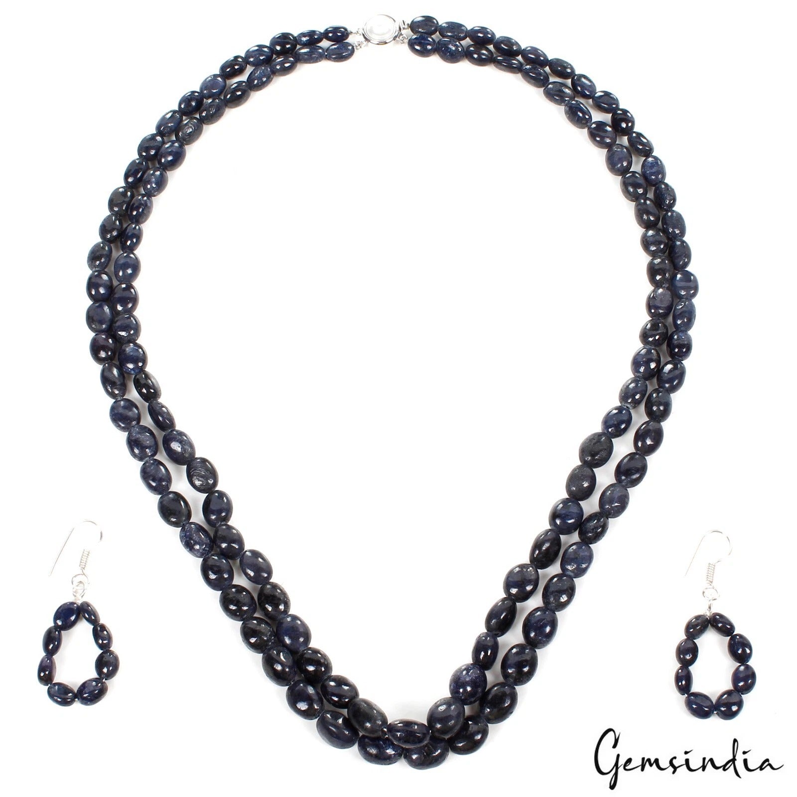 656.70 Cts Natural Dark Blue Sapphire Gem Oval Cab Beaded Handmade Jewelry set