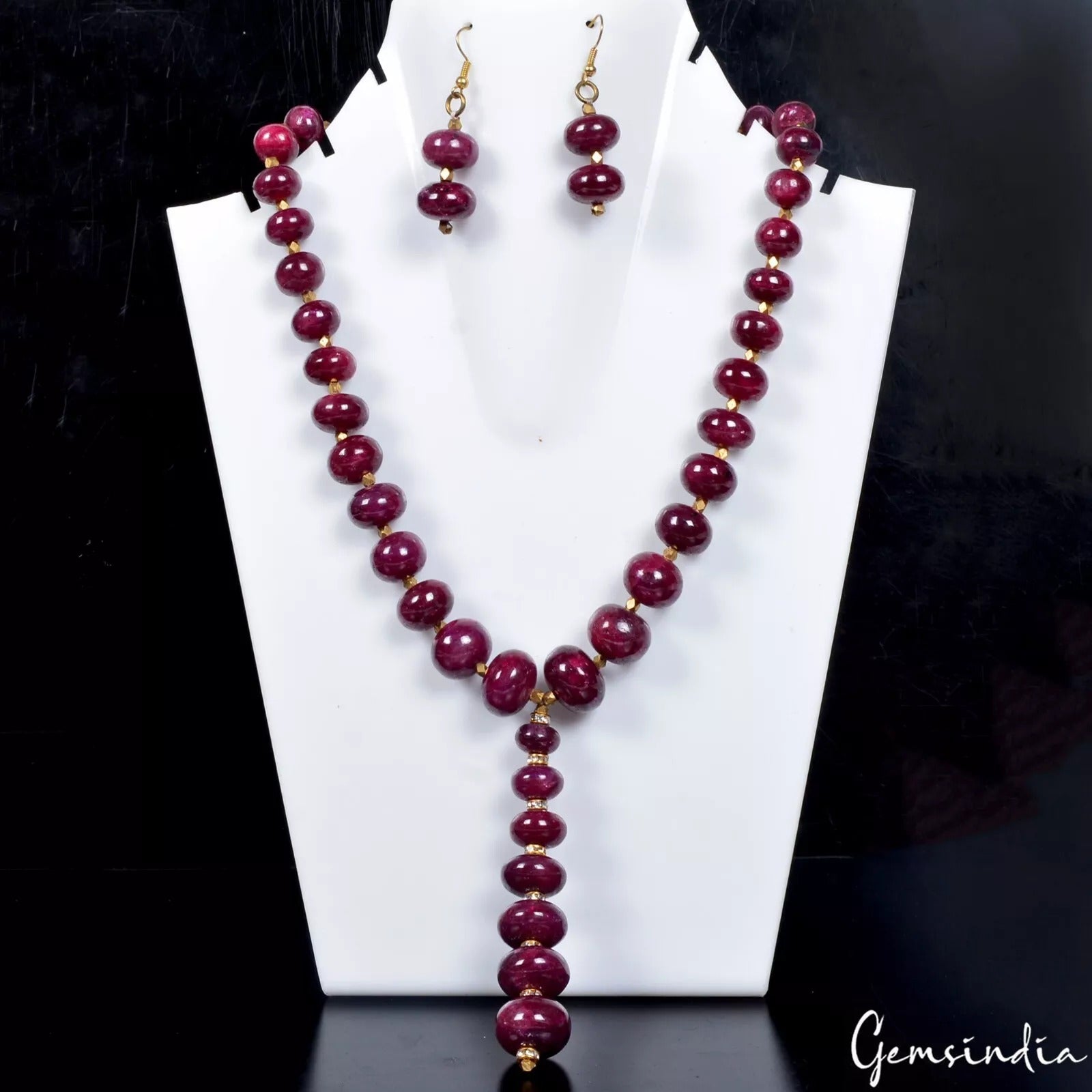 962+Ct Natural Red Ruby Smooth Round Cabochon Beads Gemstone Necklace & Earrings