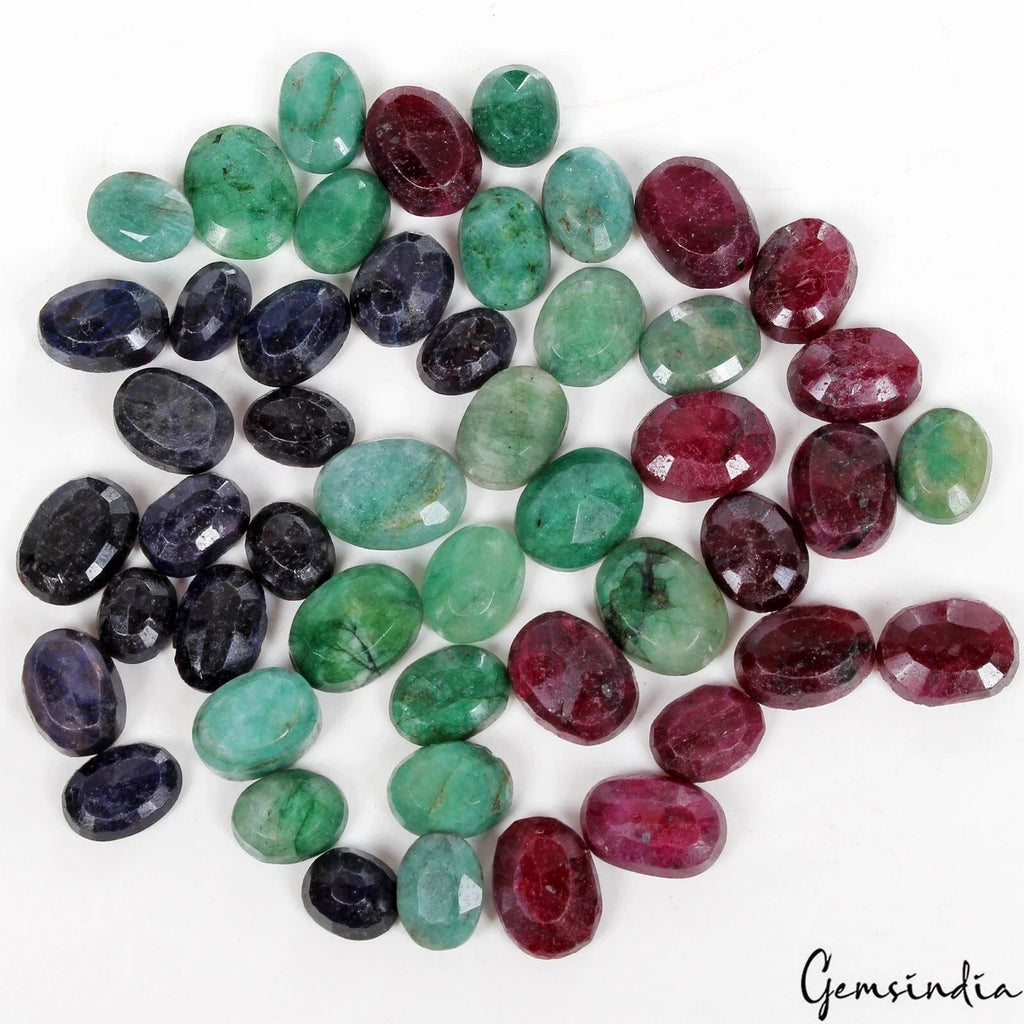 Certified 500 Cts/48 Pcs Natural Multi Color Ruby Emerald Sapphire Oval Cut Gems