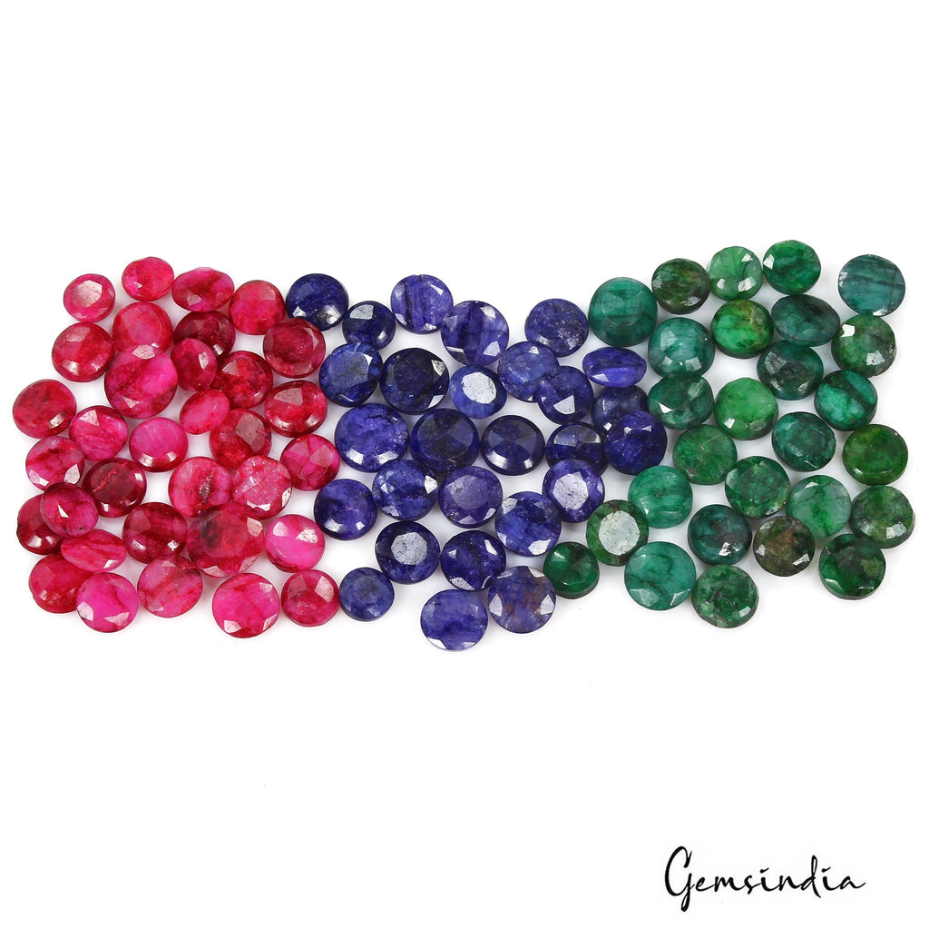 500 Cts/87 Pcs Natural Red & Blue Beryl Green Emerald Round Cut Loose Gems Lot