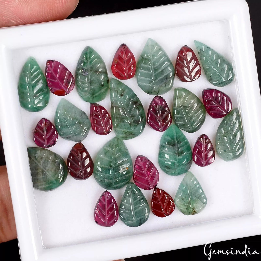 52 Ct/25Pcs Natural Untreated Green Emerald Red Garnet Pear Leaf Carved Gems Lot