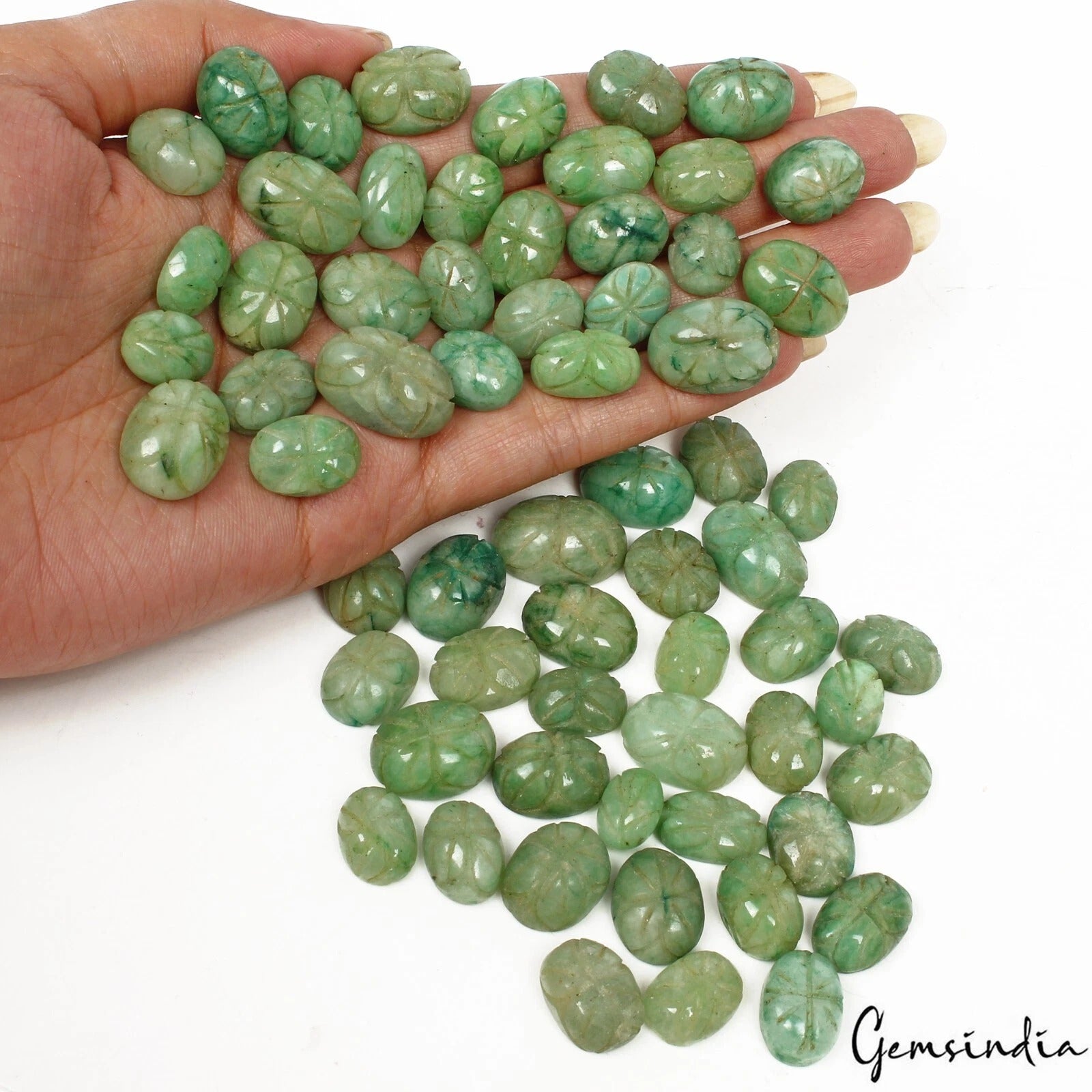 700 Ct/66 Pcs Natural Green Brazilian Emerald Oval Cut Hand Carved Loose Gem Lot