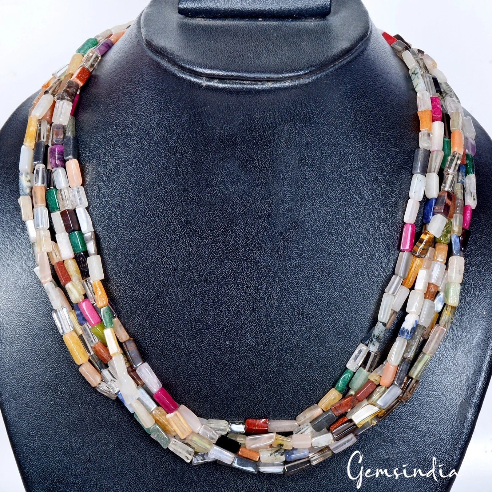 400 Ct Natural Multi Gems Baguette Cut Beads 6Layer Necklace w Golden Pearl Lock