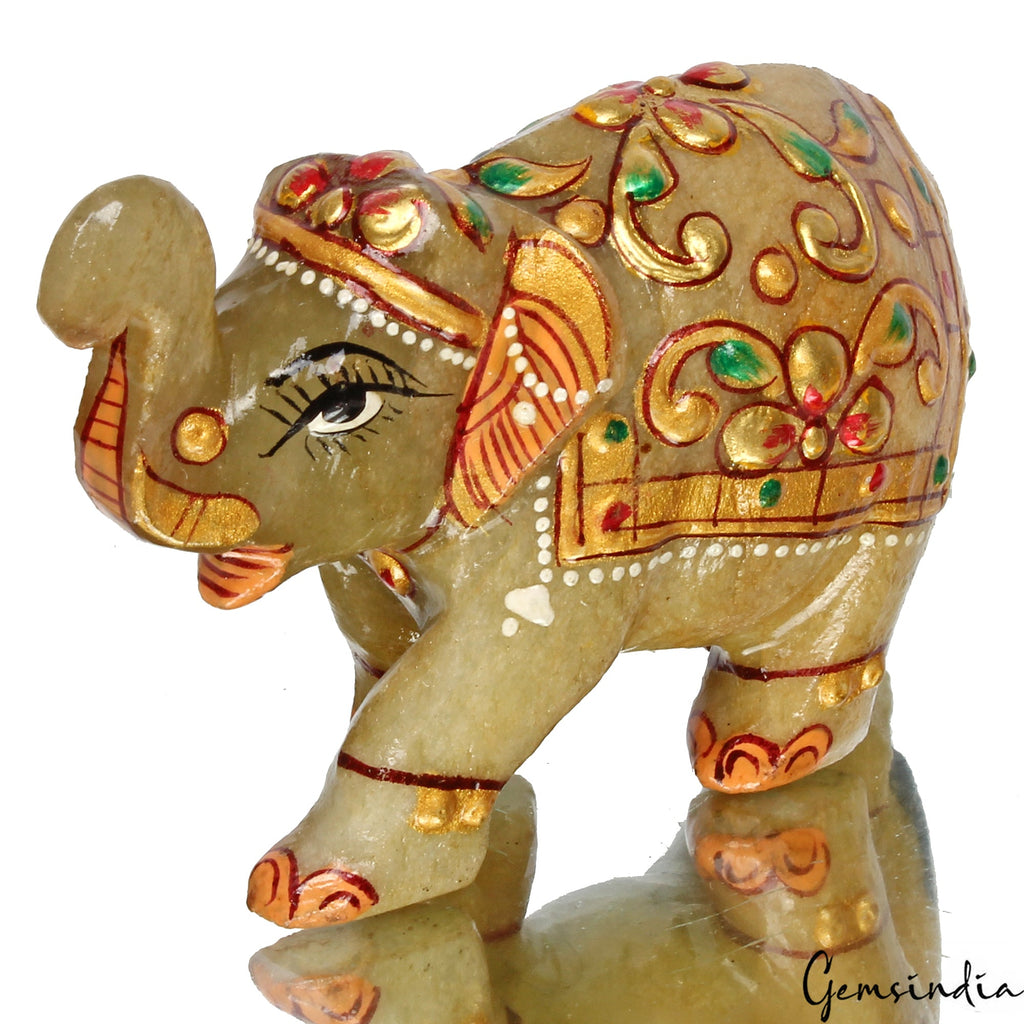 830 Ct Hand Crafted Gold Painted Trunk Up Elephant Natural Aventurine Sculpture