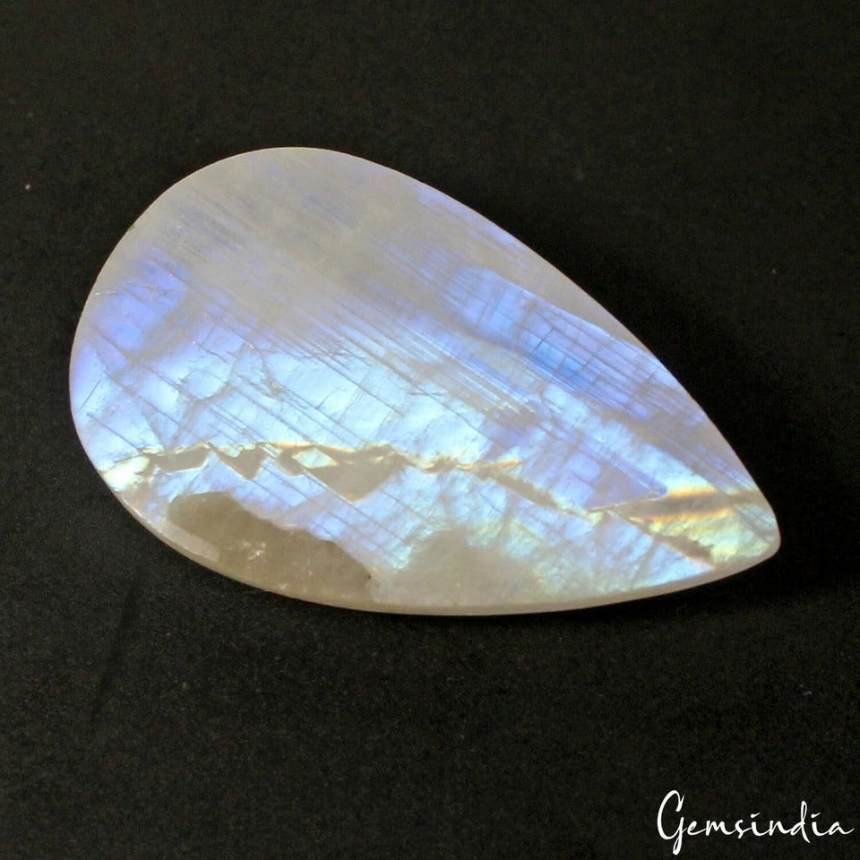 Certified Natural Madagascar, Rainbow Fire Schiller Moonstone Cabochon Pear~36mm