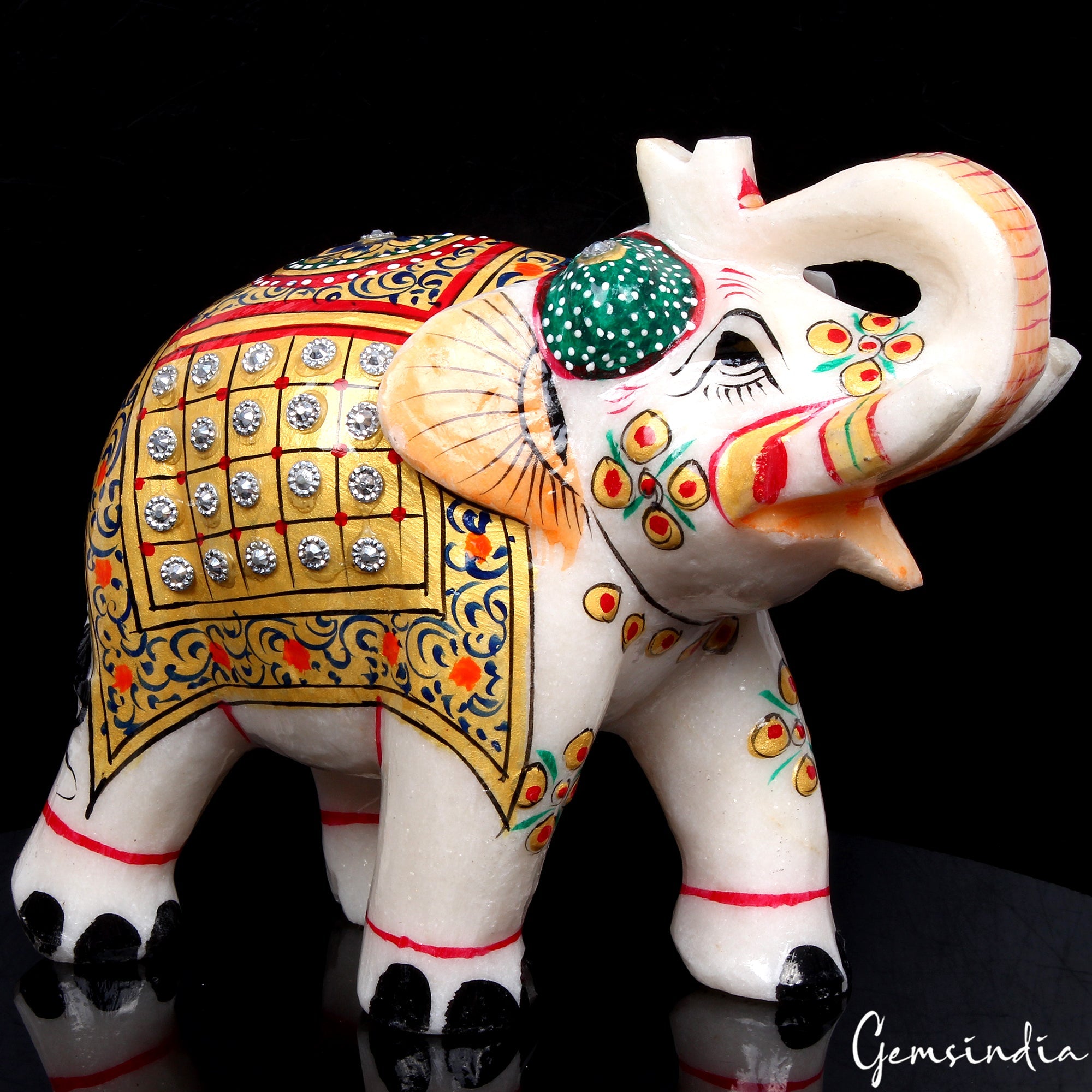 1.3 Kg Marble Elephant Statue Trunk Up Hand Paint Indian Art Home Deor Figurine