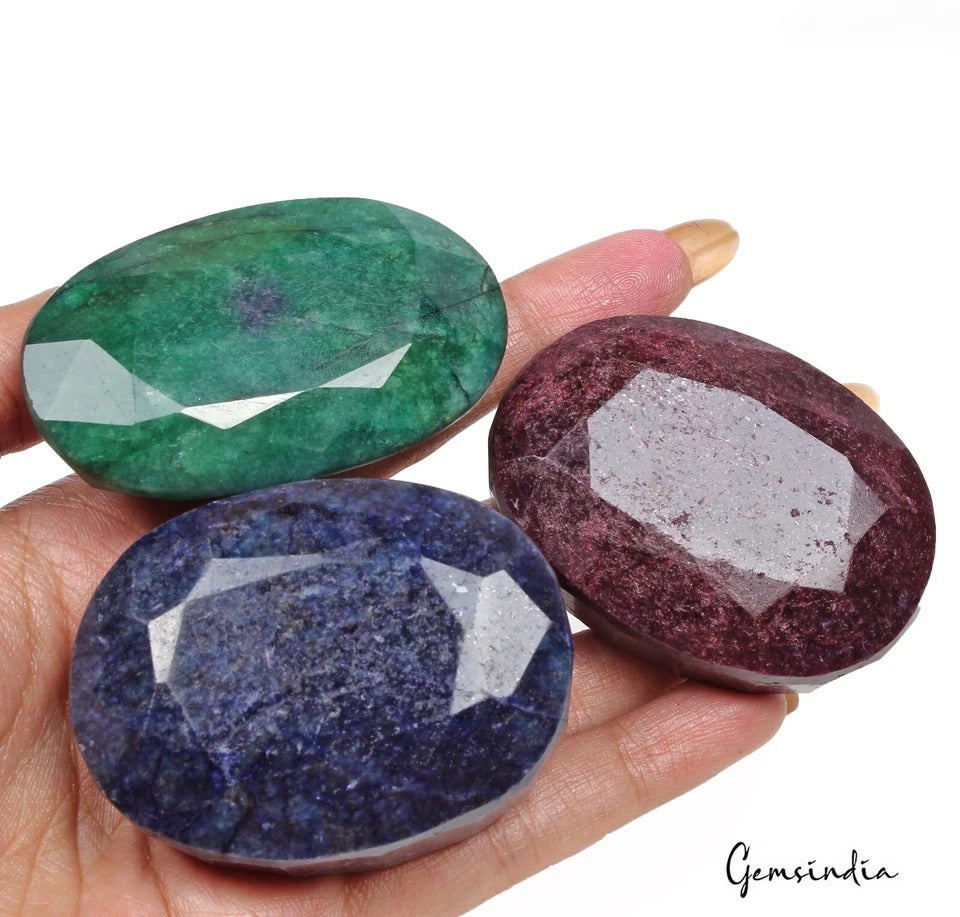 1820 Ct Natural Ruby, Sapphire & Emerald Oval Cut Loose Huge Gemstones 3 Pcs Lot