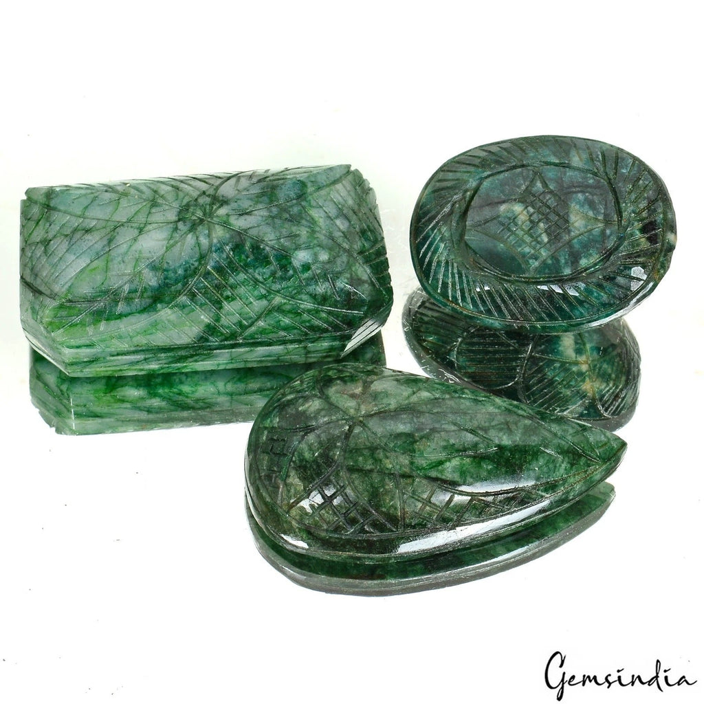 1050 Ct/3Pcs Natural Brazilian Green Emerald Mix Cut Both Side Carved Loose Gems