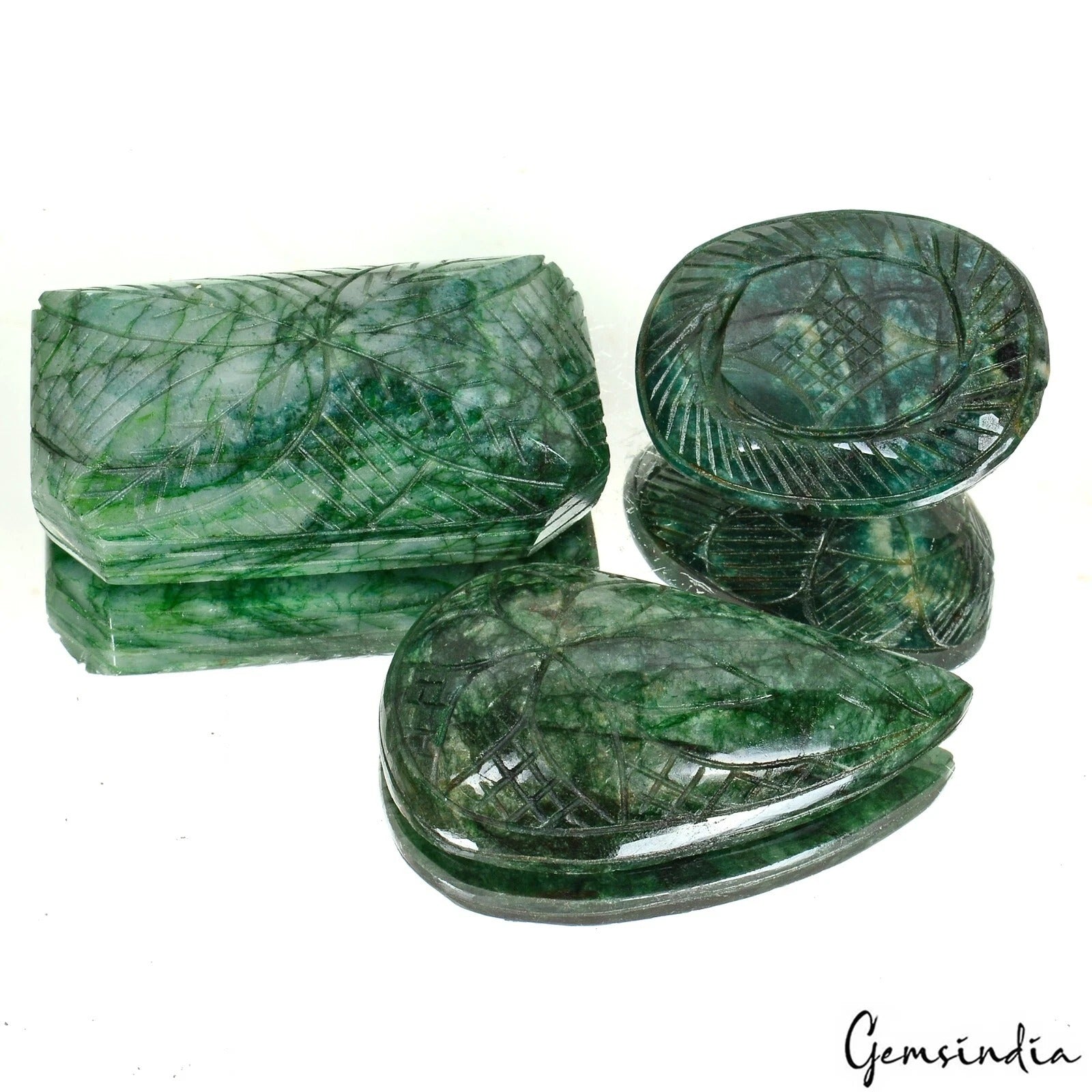 1050 Ct/3Pcs Natural Brazilian Green Emerald Mix Cut Both Side Carved Loose Gems