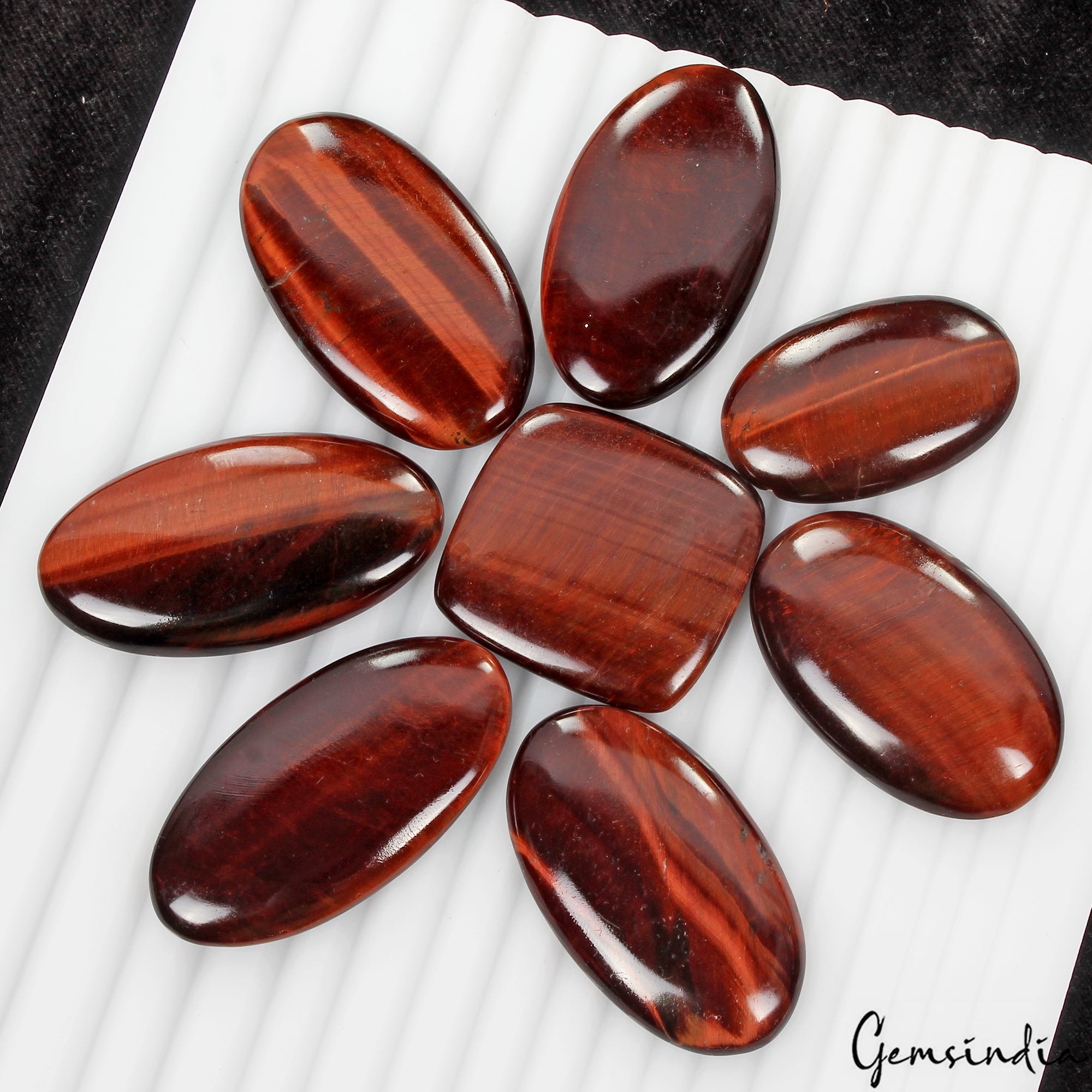 370 Ct/8 Pcs Natural Untreated Red Tiger Eye Mix Cab 32-45mm Wholesale Gemstones