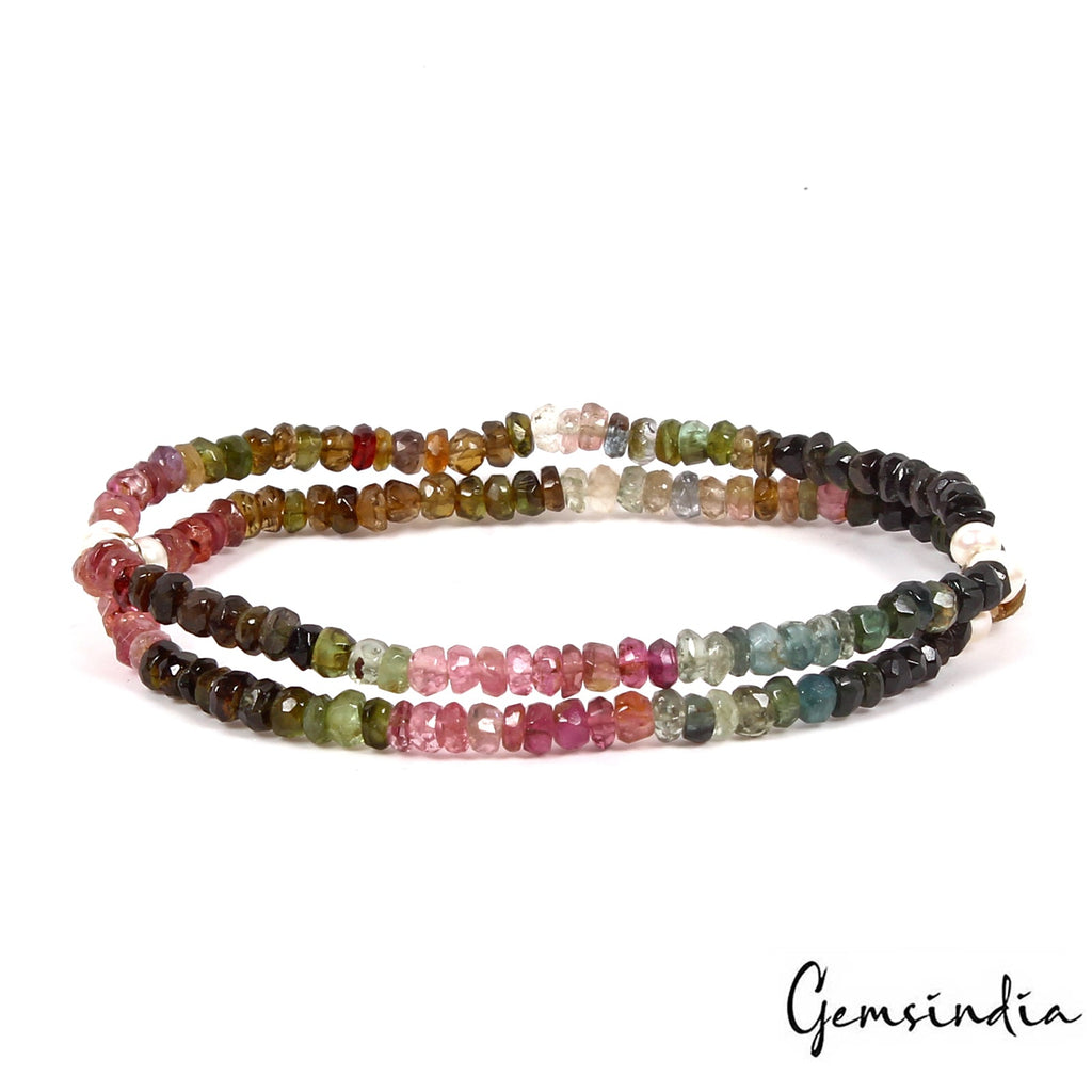45.60 Cts Natural Multi Color Tourmaline Pearl Round Beaded Stretchable Bracelet