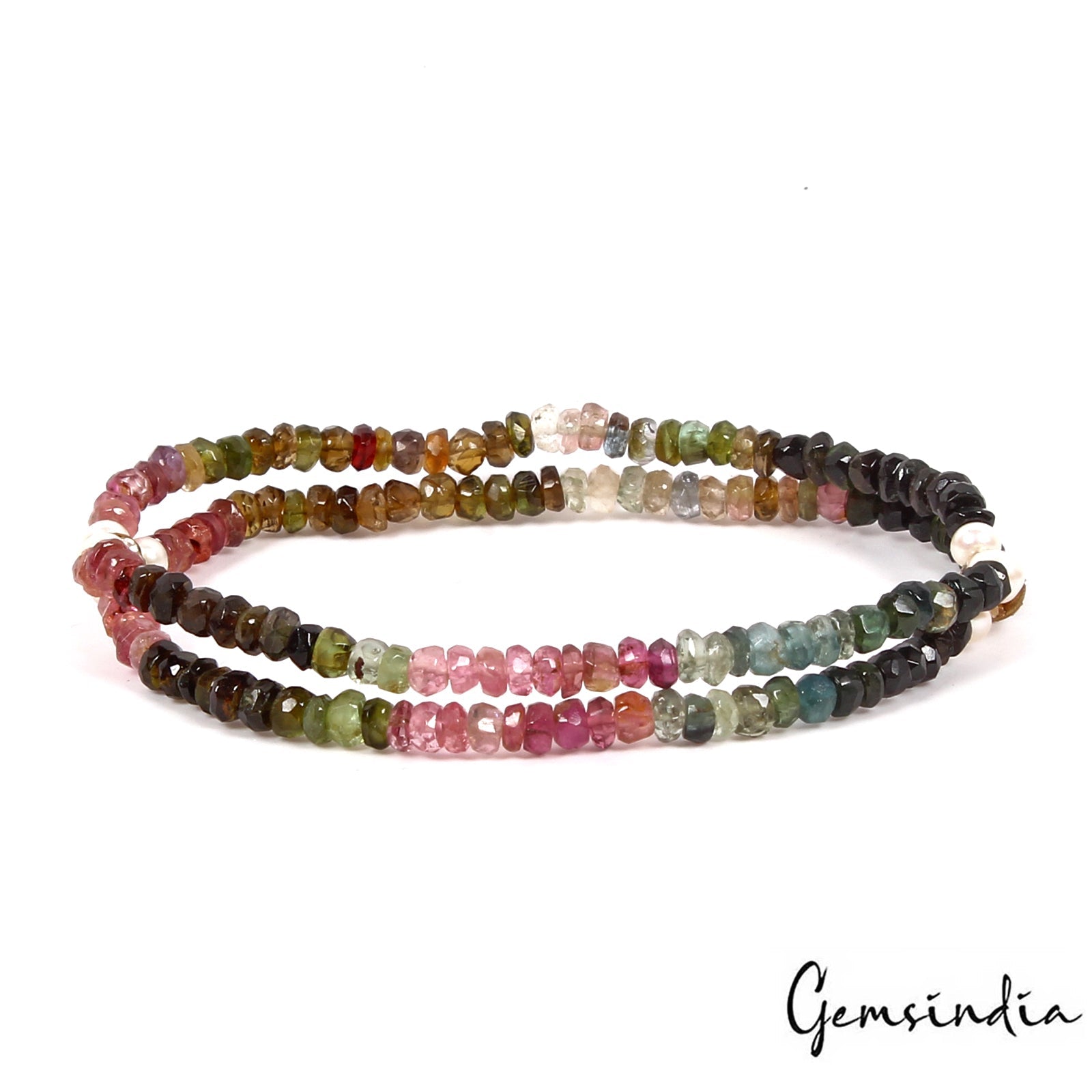 45.60 Cts Natural Multi Color Tourmaline Pearl Round Beaded Stretchable Bracelet