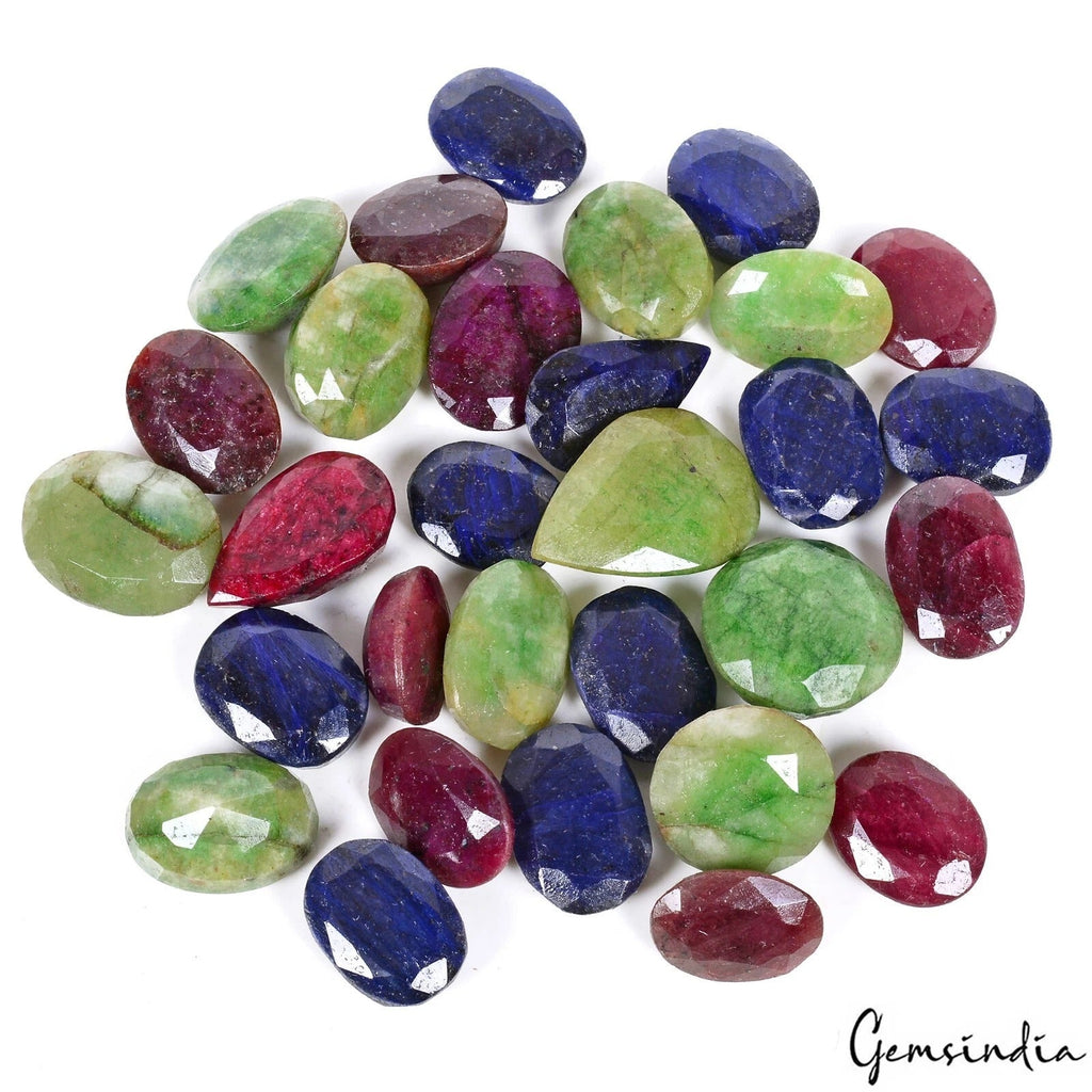 670 Ct Natural Ruby Emerald Sapphire Mix Faceted Wholesale Gemstone Lot 30 Pcs