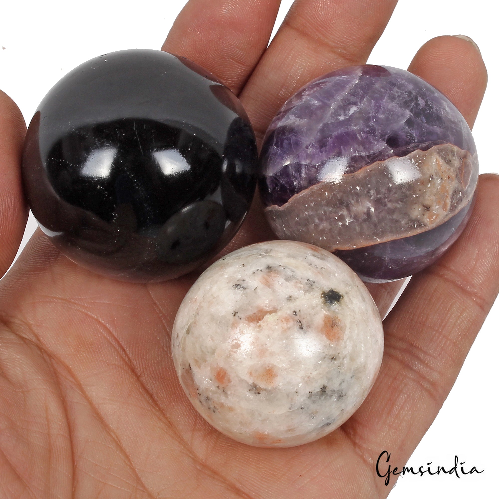 1190 Ct/3 Pcs Natural Untreated Multi Healing Crystal Gems Sphere Lot With Stand