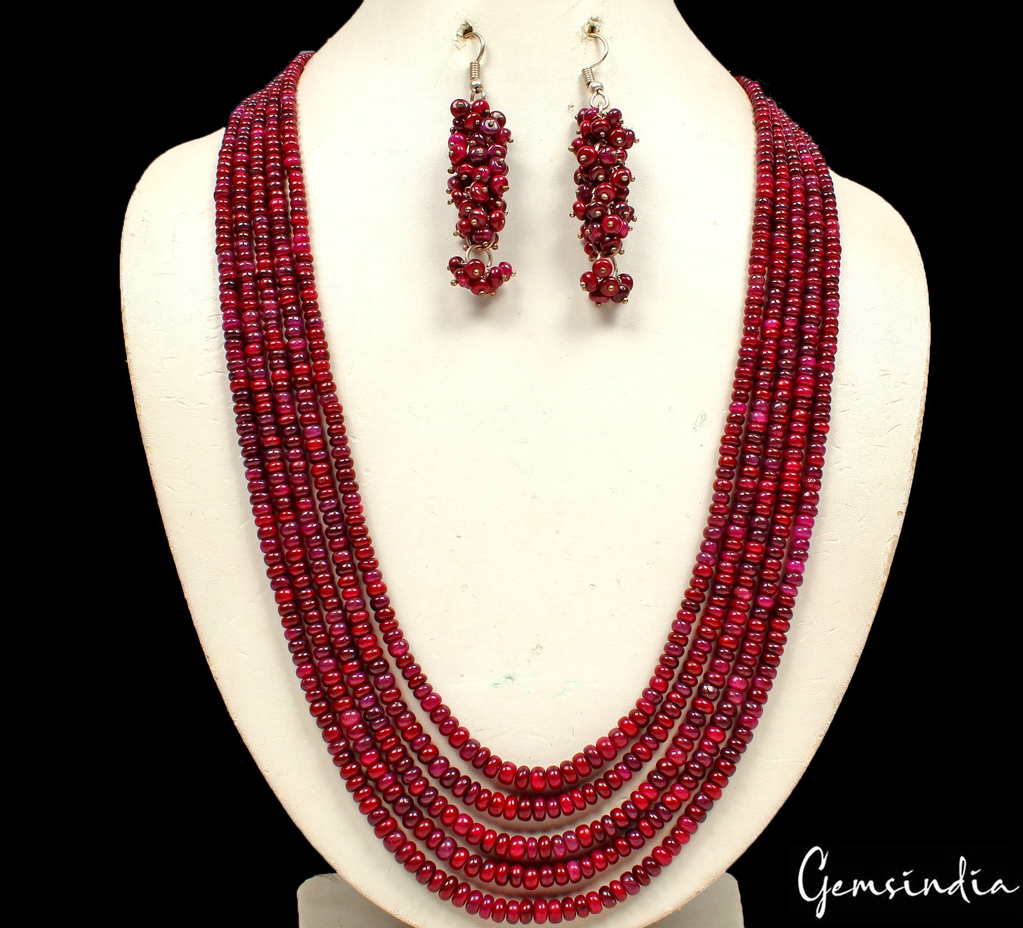 644.60 Ct Natural Red Ruby Round Cab Beaded 5 Strand Handmade Necklace & Earring