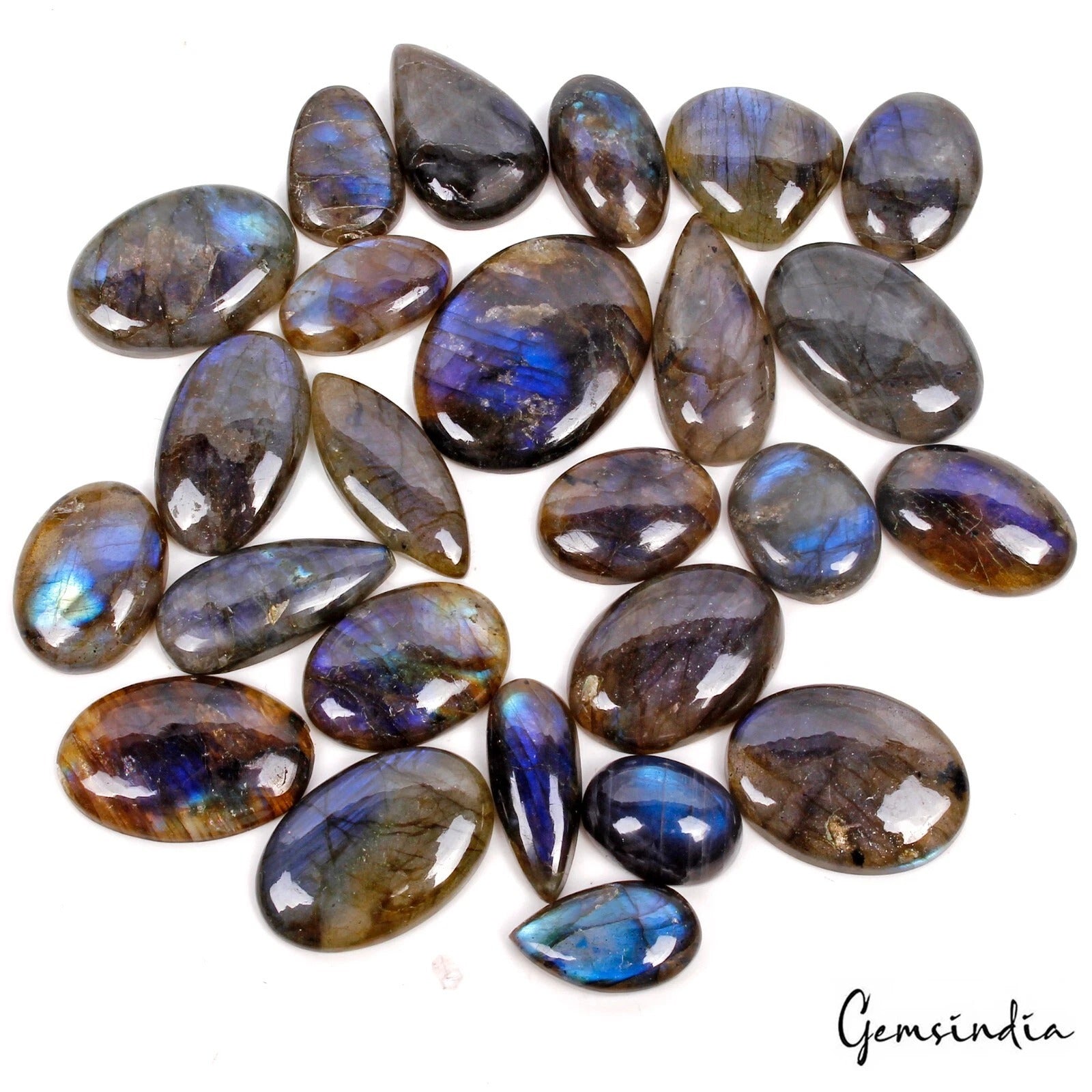 Labradorite Lot, Cabochon, Untreated, Blue — 26 Pieces, 20mm to 34mm, 680 Ct, India