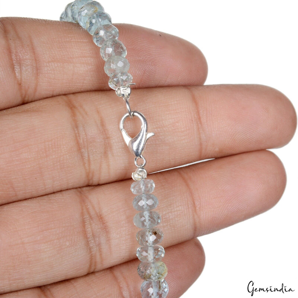 61.40 Ct Natural Blue Aquamarine Round Faceted Beaded Cut Handmade Bracelet 7.5"