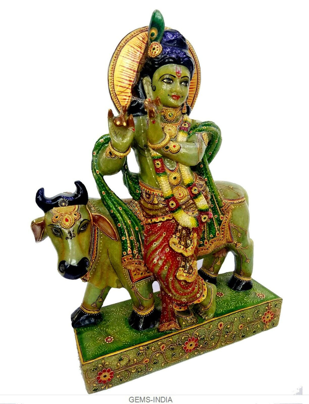 25.8 Kilo Natural Aventurine Carved Hindu Diety Krishna Cow Statue Home Decor