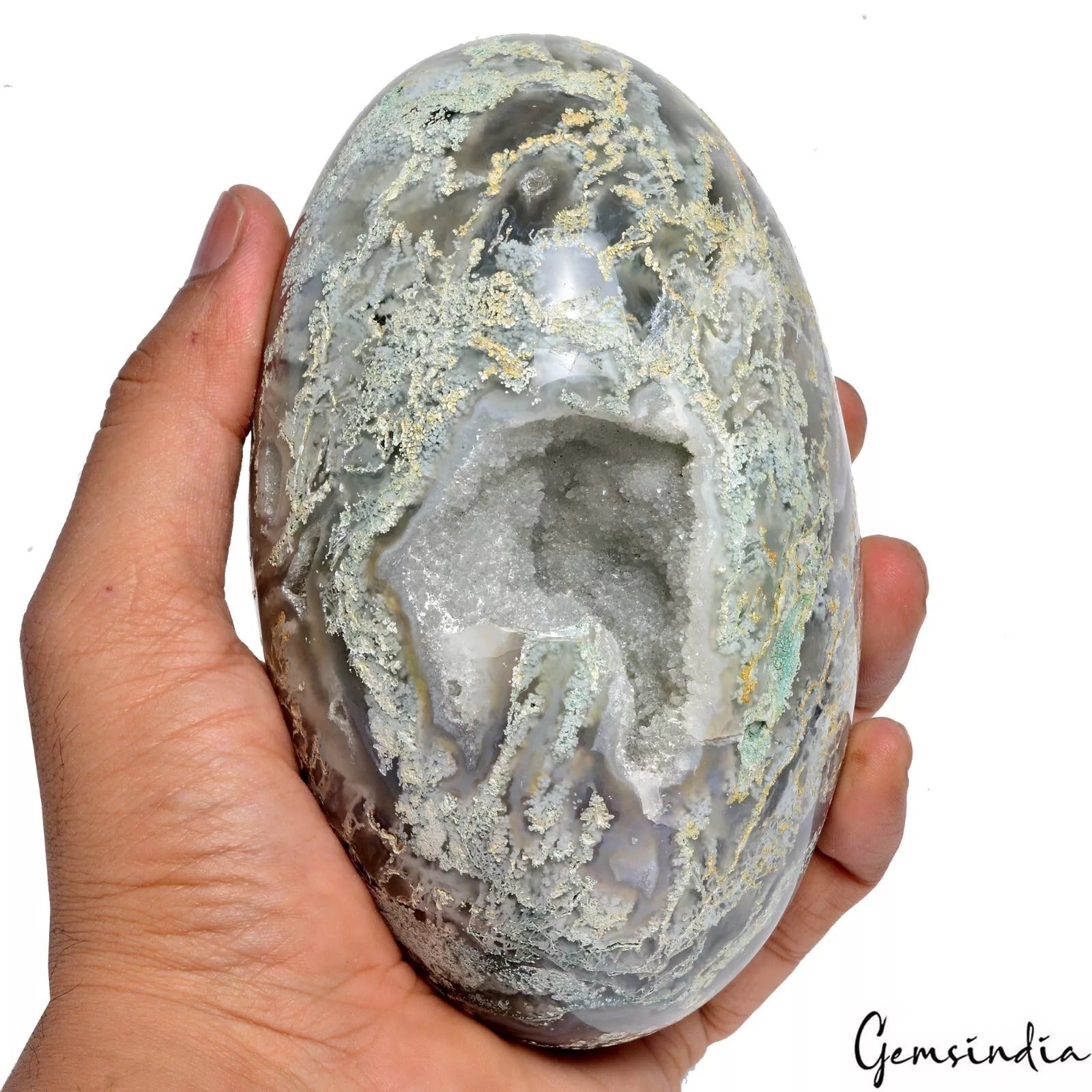 1.1 Kg Natural Dendrite Moss Agate Druzy Crystal Egg Geode Specimen Reiki Decor