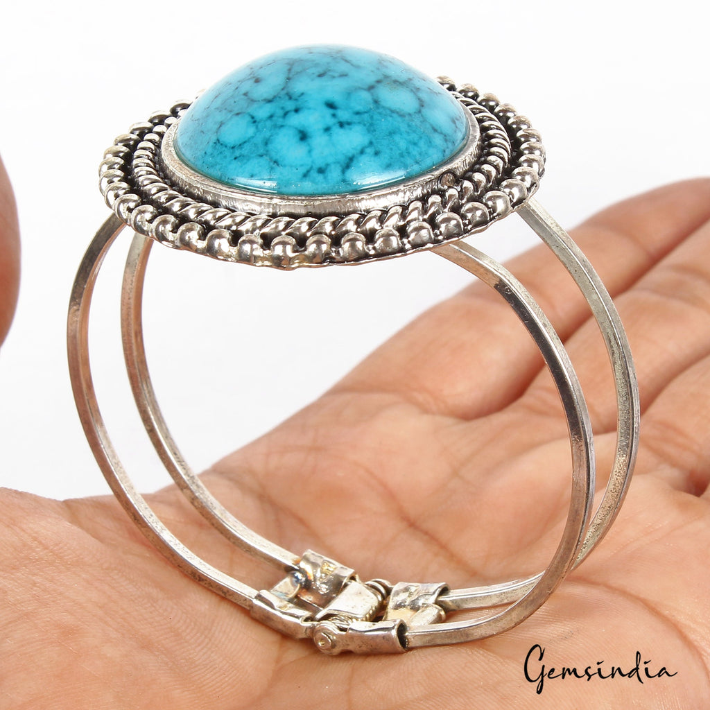42.60 Gram Blue Round Hand Carved Bangle Bracelet Antique Fashion Jewelry 2.4"