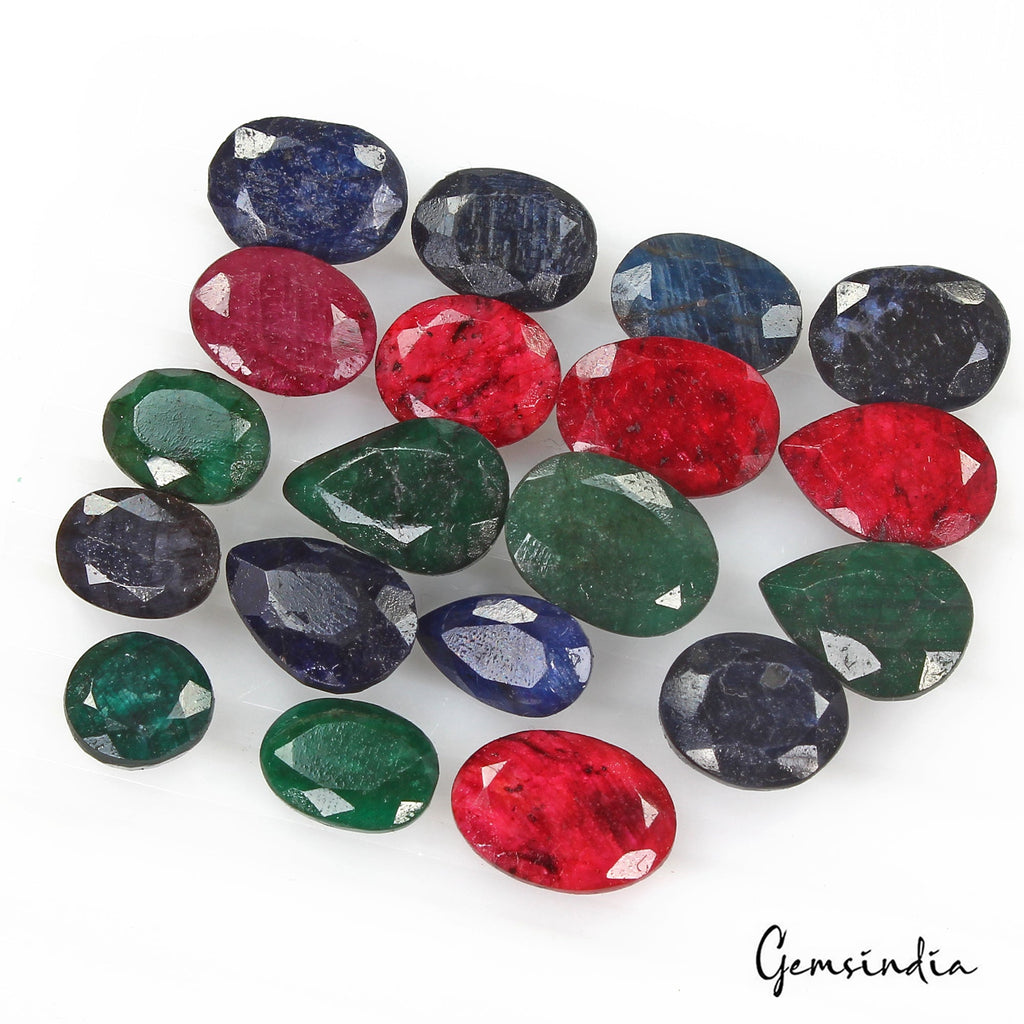 Certified 110 Cts/19 Pcs Natural Multi Color Emerald Ruby Sapphire Mix Cut Gems