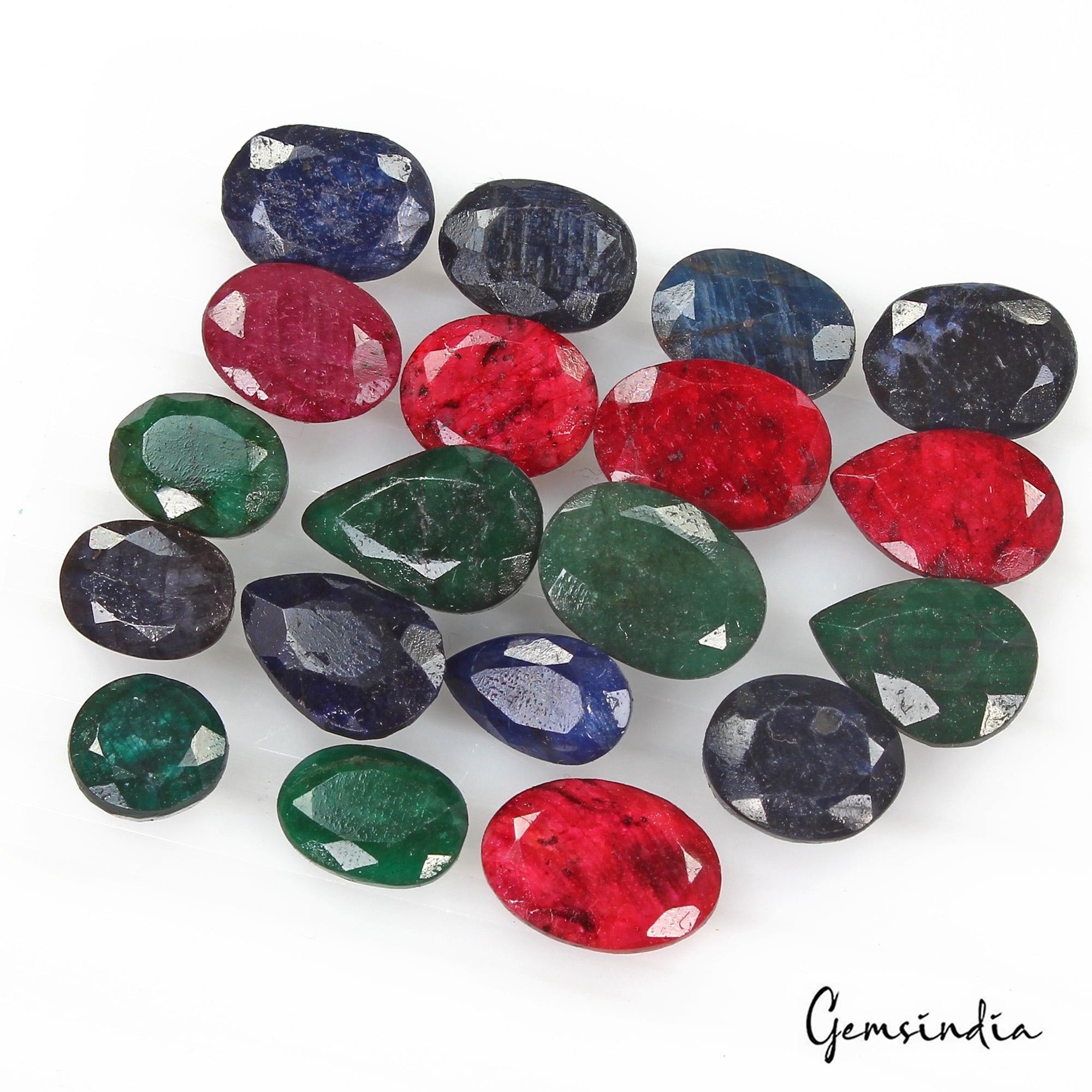 Certified 110 Cts/19 Pcs Natural Multi Color Emerald Ruby Sapphire Mix Cut Gems