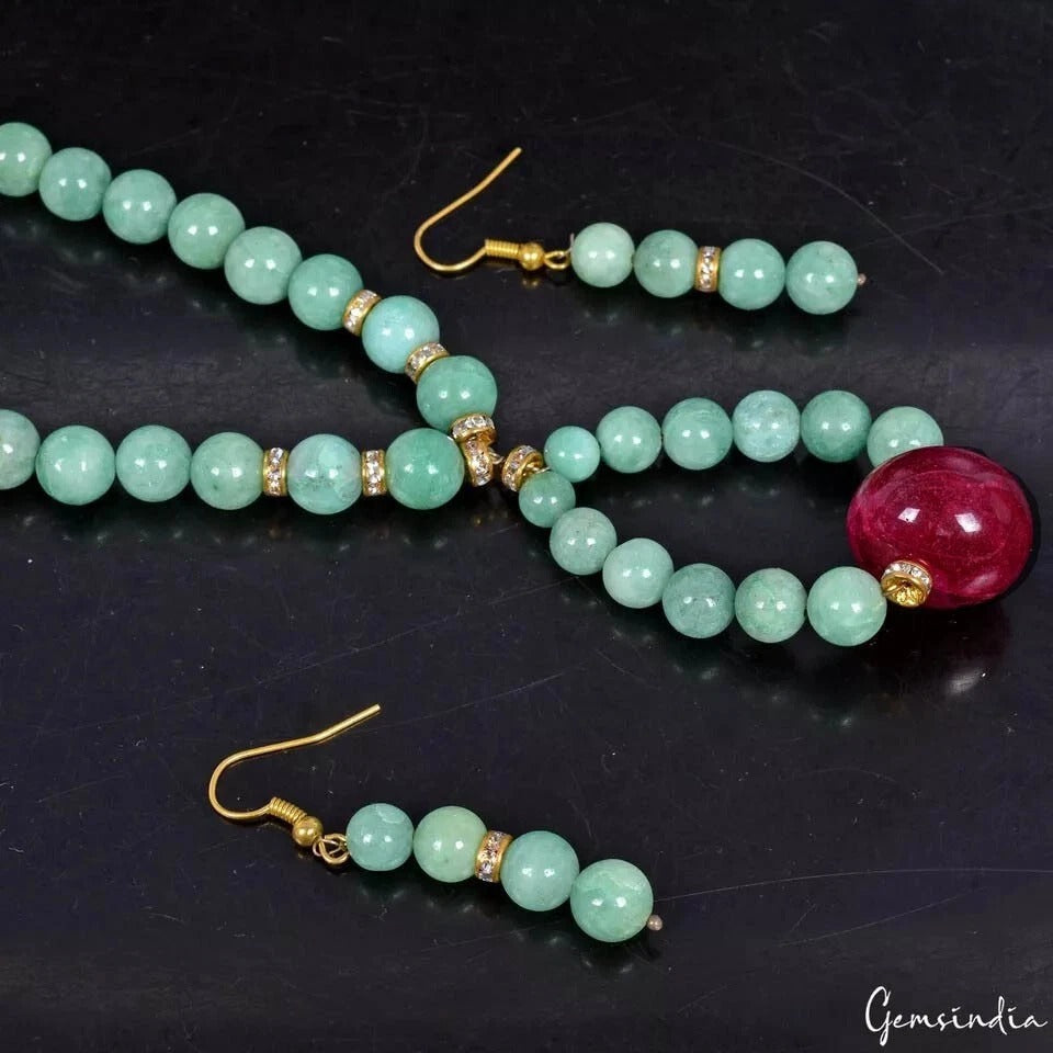 321 Cts Natural Green Emerald Red Beryl Round Cab Beaded Handmade Jewelry Set